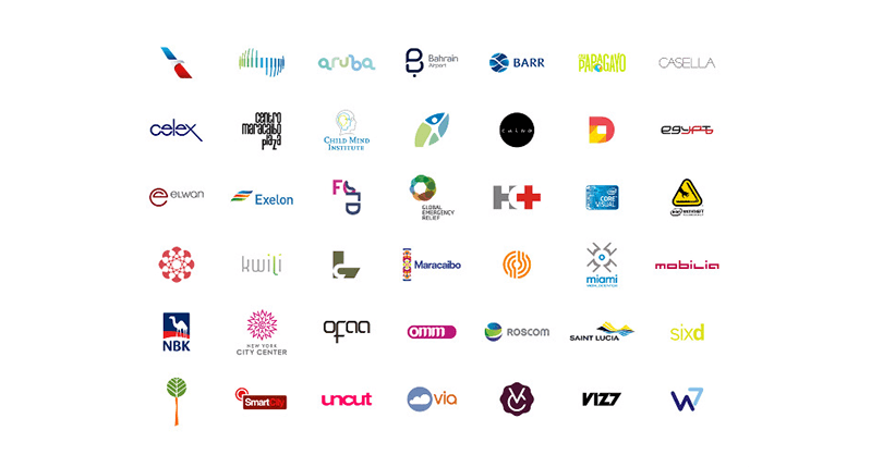 A set of 35 colored logos of different companies like airline, medical or travel agencies.