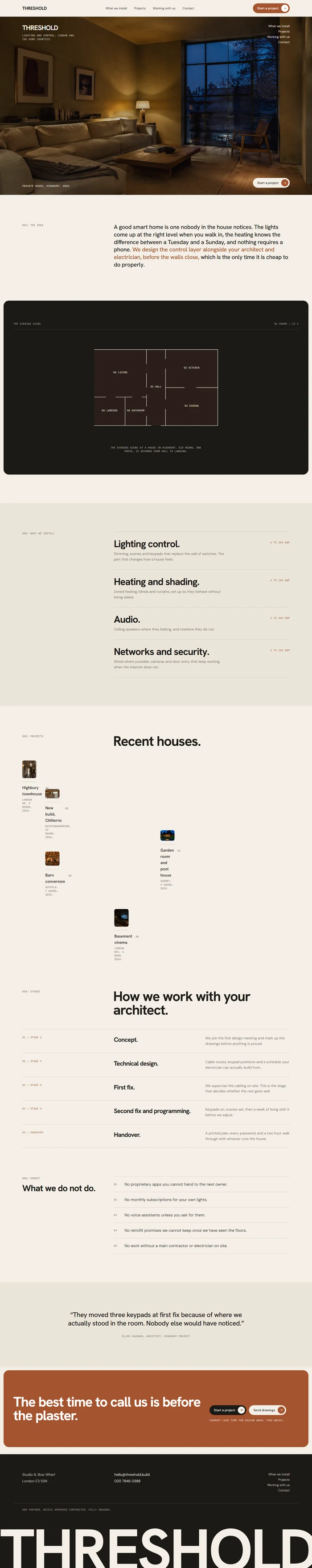 Full page of an AI-generated smart home installer website with a living room hero, statement, dark floor plan panel of the evening lighting scene, services list with price bands, projects, architect stages, what we do not do list, quote, terracotta enquiry panel and giant wordmark footer