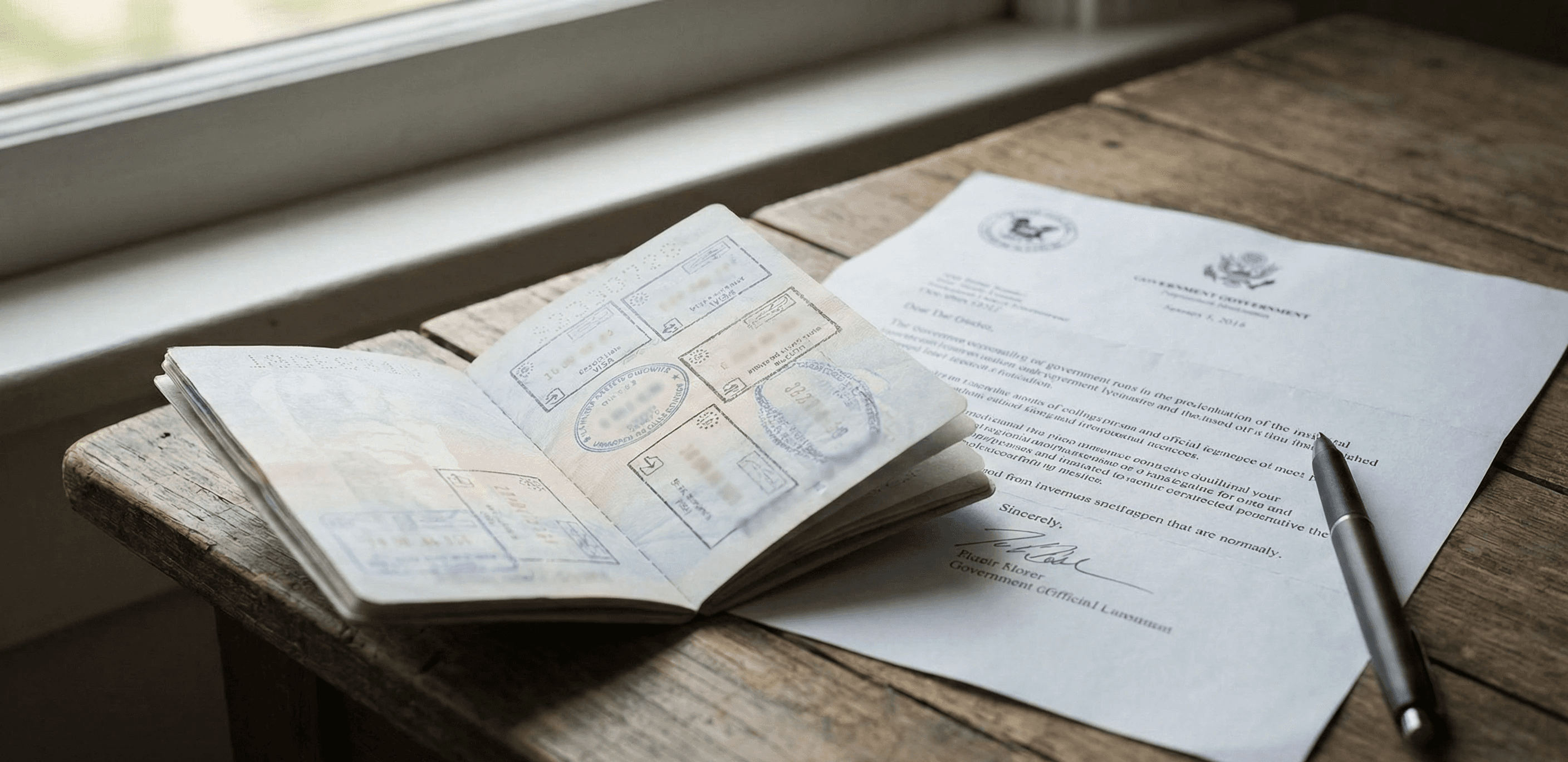 A close-up view of an open passport displaying various colorful visa stamps, lying on a rustic wooden table. Next to the passport is an official printed letter featuring a government-style seal and a signature at the bottom, with a dark pen resting on the paper. Soft natural light streams from a window on the left, casting gentle shadows across the documents and highlighting the wood grain in a calm, administrative setting.