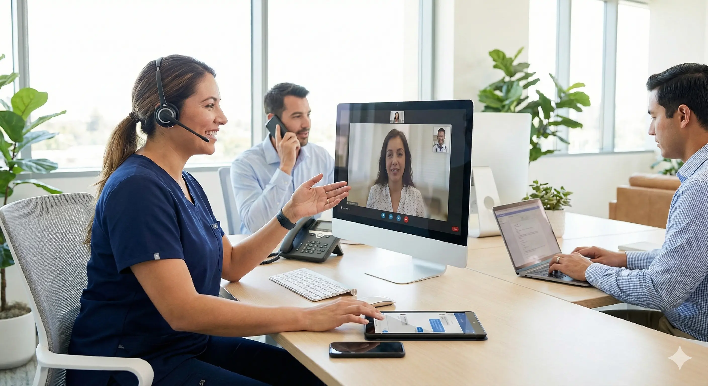 A talent recruiter with a soft smile working on her laptop in the office. The angle is on her face so we can't see what's is on the screen. She is wearing a blazer 