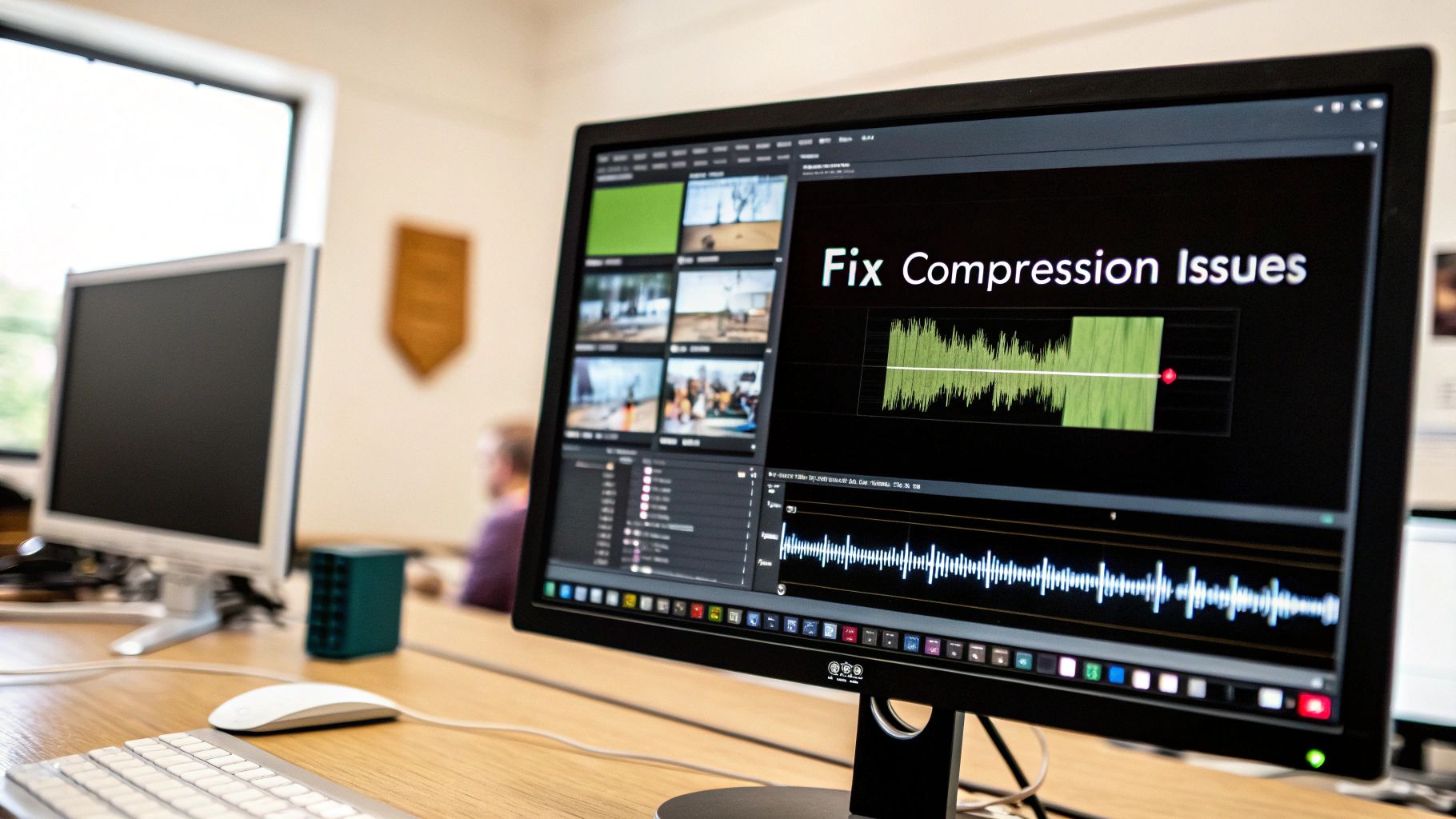 A person looking thoughtfully at a computer screen displaying video editing software, representing the process of troubleshooting compression problems.