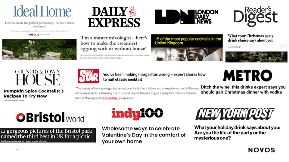 Collage of media features for NIO Cocktails including Ideal Home and Daily Express headlines