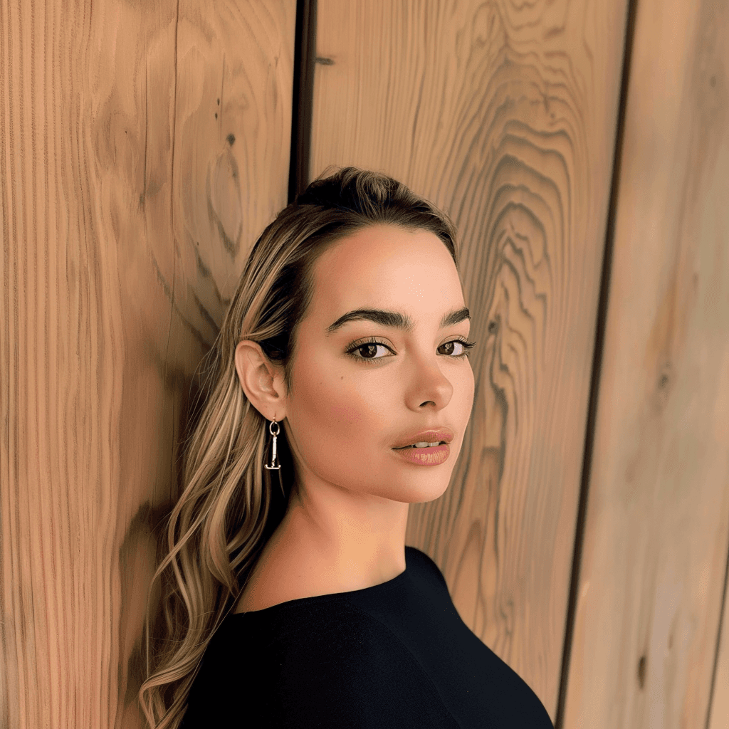 Close-up of a young woman with blonde hair and drop earrings, posing against a wooden wall.