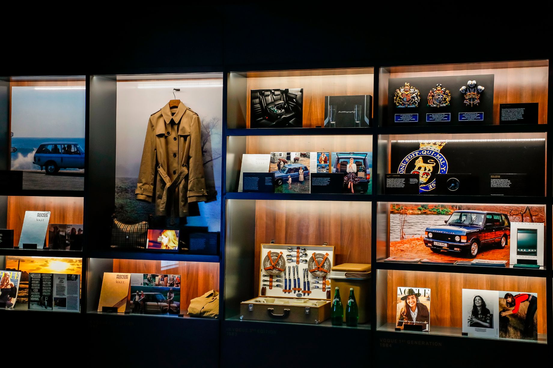 Close-up of Range Rover heritage display cabinets with illuminated bespoke joinery