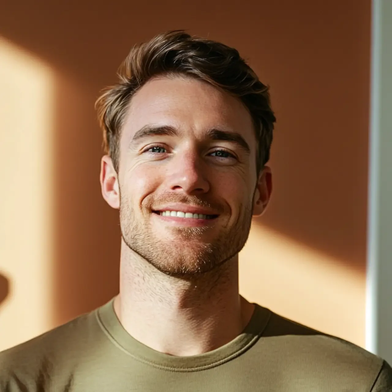 Smiling man with light brown hair and stubble, wearing a khaki shirt in natural light