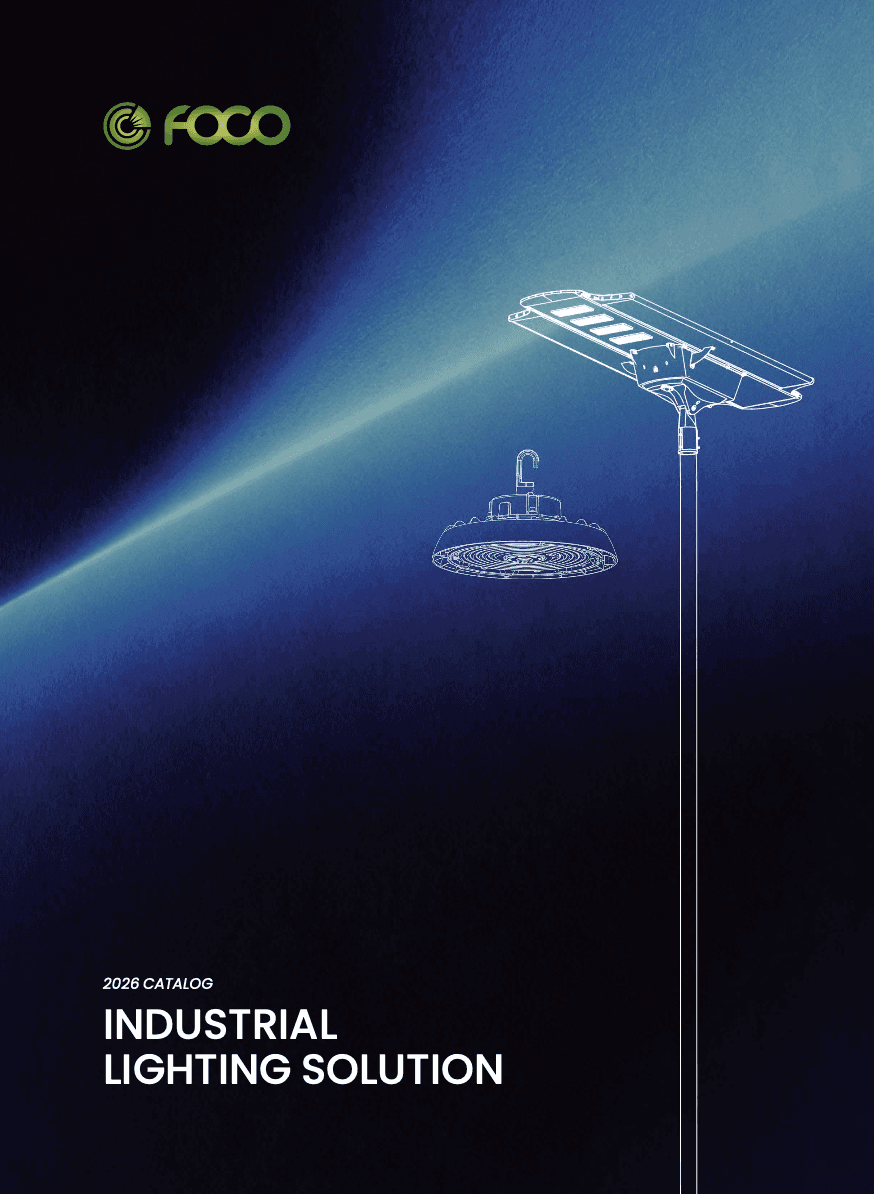 Brochure cover for FOCO industrial lighting solution, line drawing of LED high bay light on dark blue background