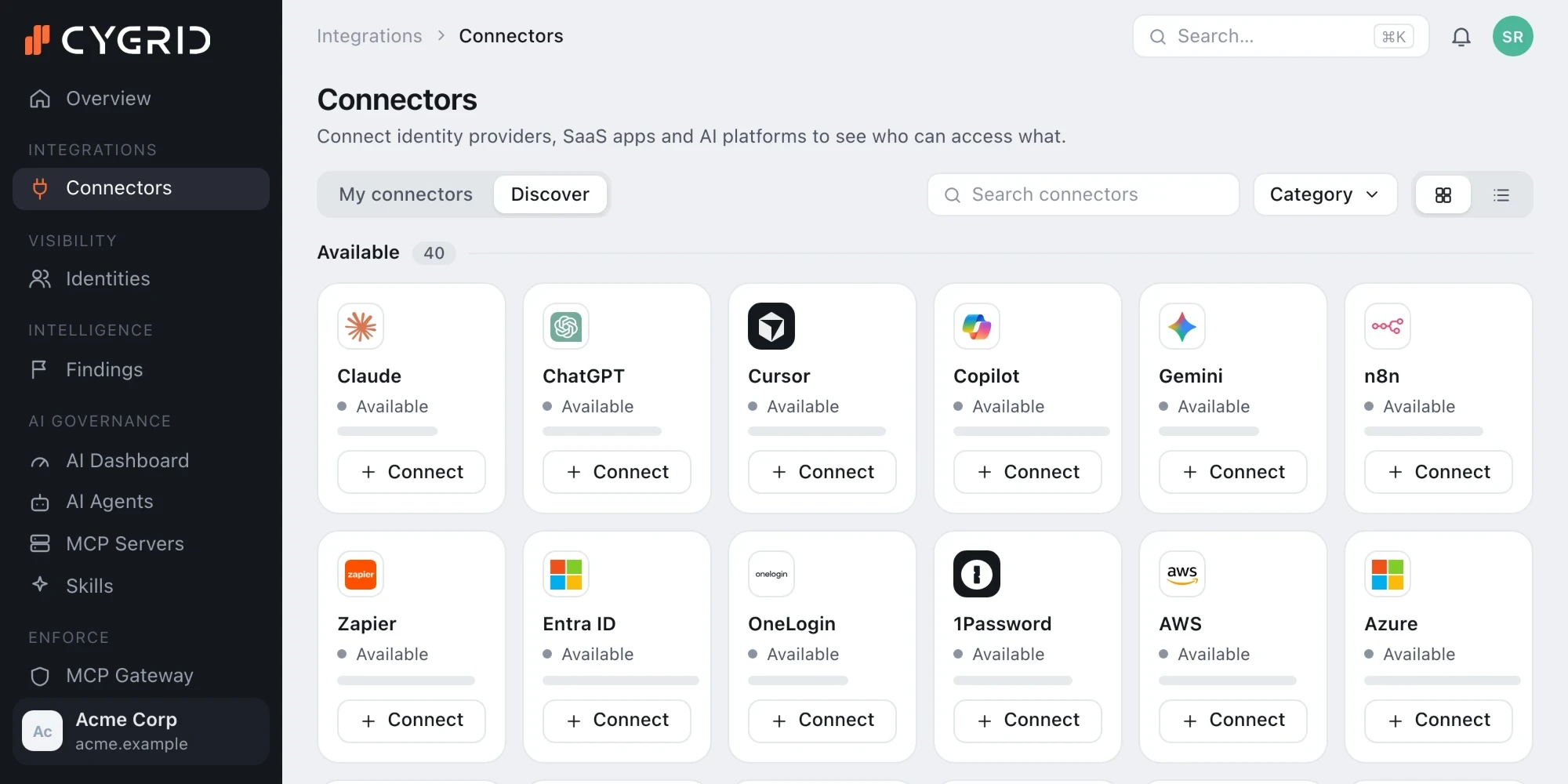 Cygrid Connectors view with identity, SaaS and AI platform connectors