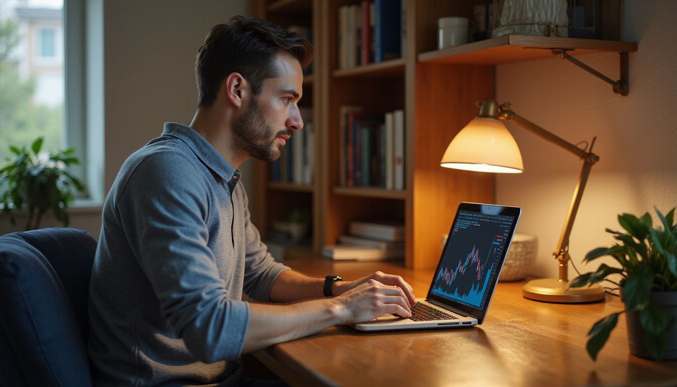 A man intensely analyzes market trends on his laptop in a cozy office.