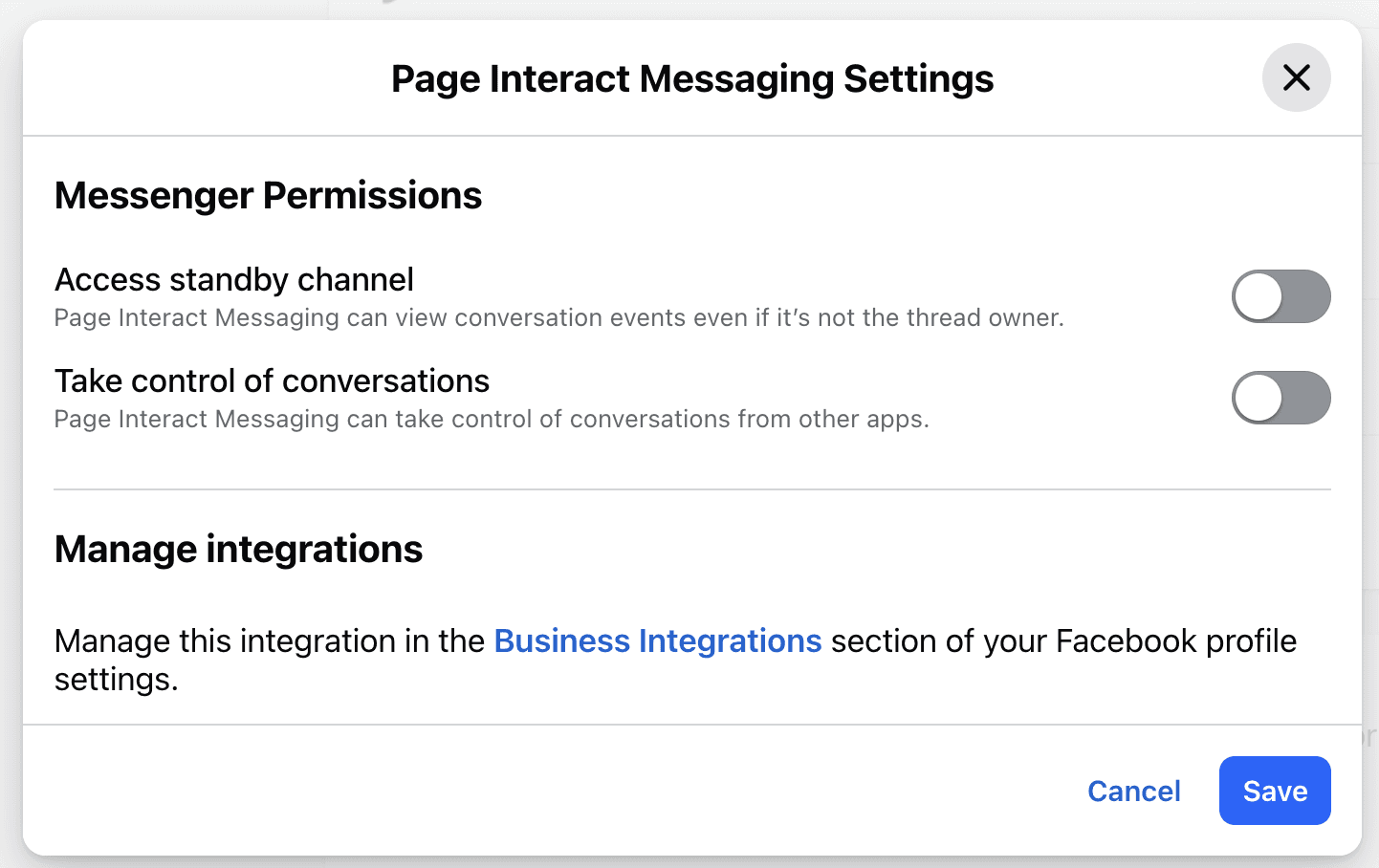 Page Interact Messaging Settings dialog with Access standby channel and Take control of conversations both switched off.