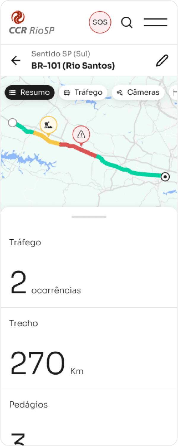 The image shows a traffic status screen for the BR-101 (Rio Santos) highway, heading towards São Paulo (South). The map indicates traffic conditions with color-coded segments: green for smooth traffic, yellow for moderate traffic, and red for heavy traffic. There are icons indicating two occurrences: one for roadwork and another for an incident. The summary section below the map shows traffic information with 2 occurrences, a total stretch of 270 km, and 3 tolls. The screen is from the CCR RioSP app, which includes options for "Summary," "Traffic," and "Cameras."