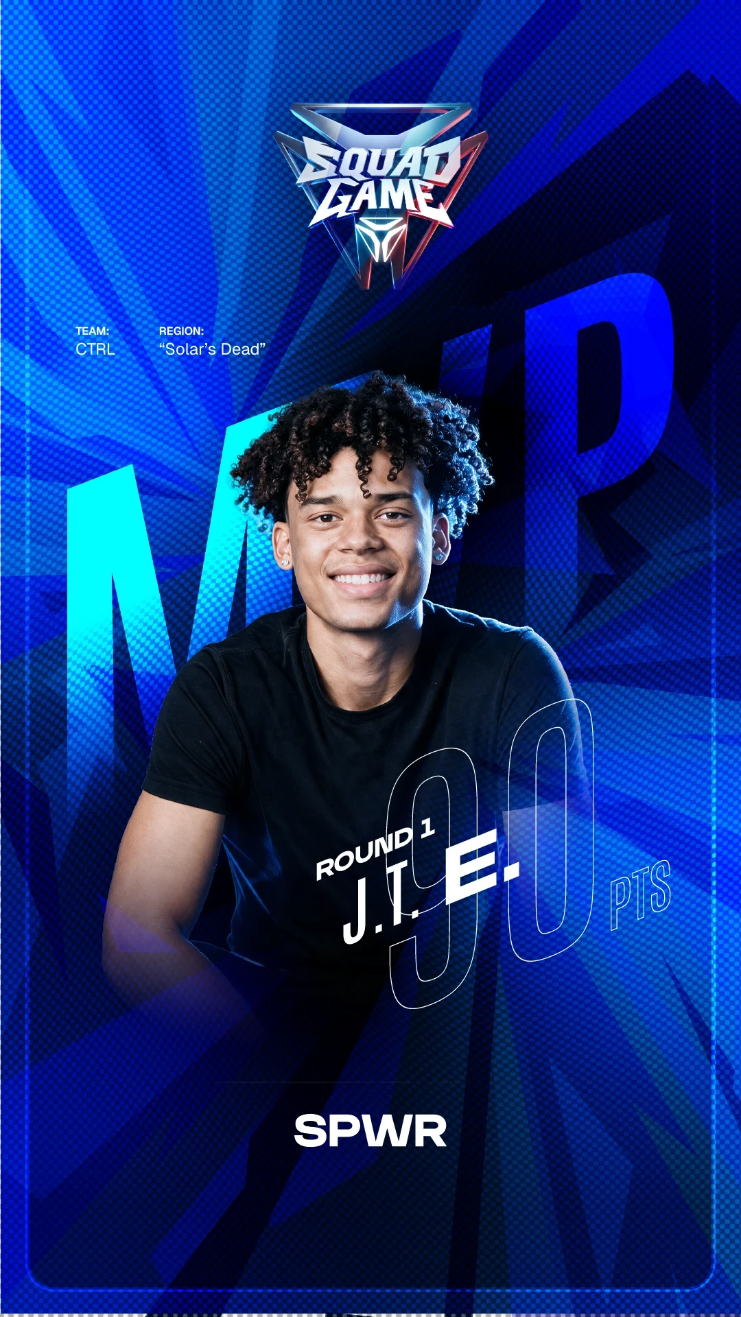 Round 1 MVP social graphic featuring J.T. Evans with layered blue textures and an outlined score
