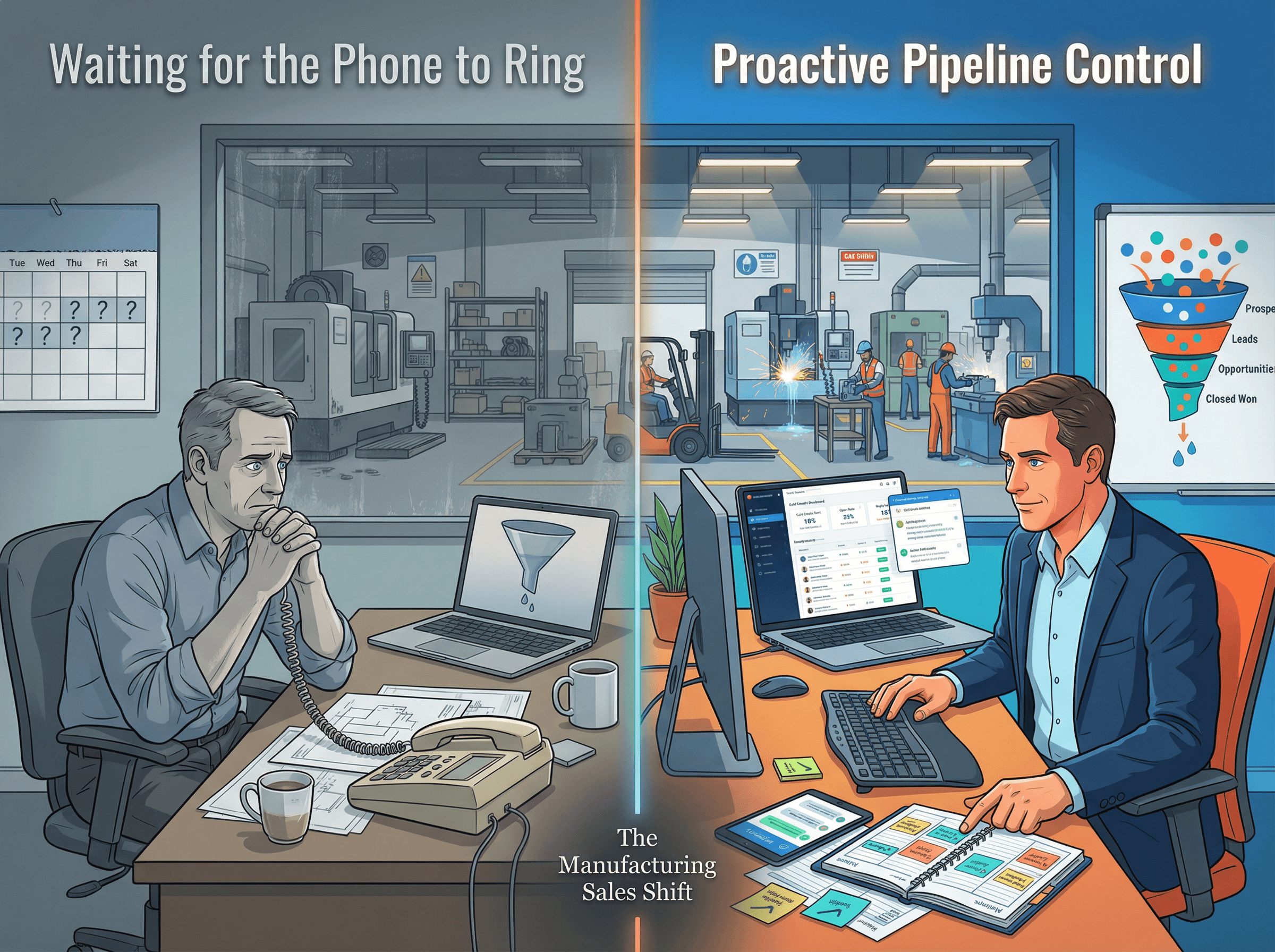 Split-screen comparison: reactive manufacturing sales (waiting for phone) vs proactive cold email pipeline control