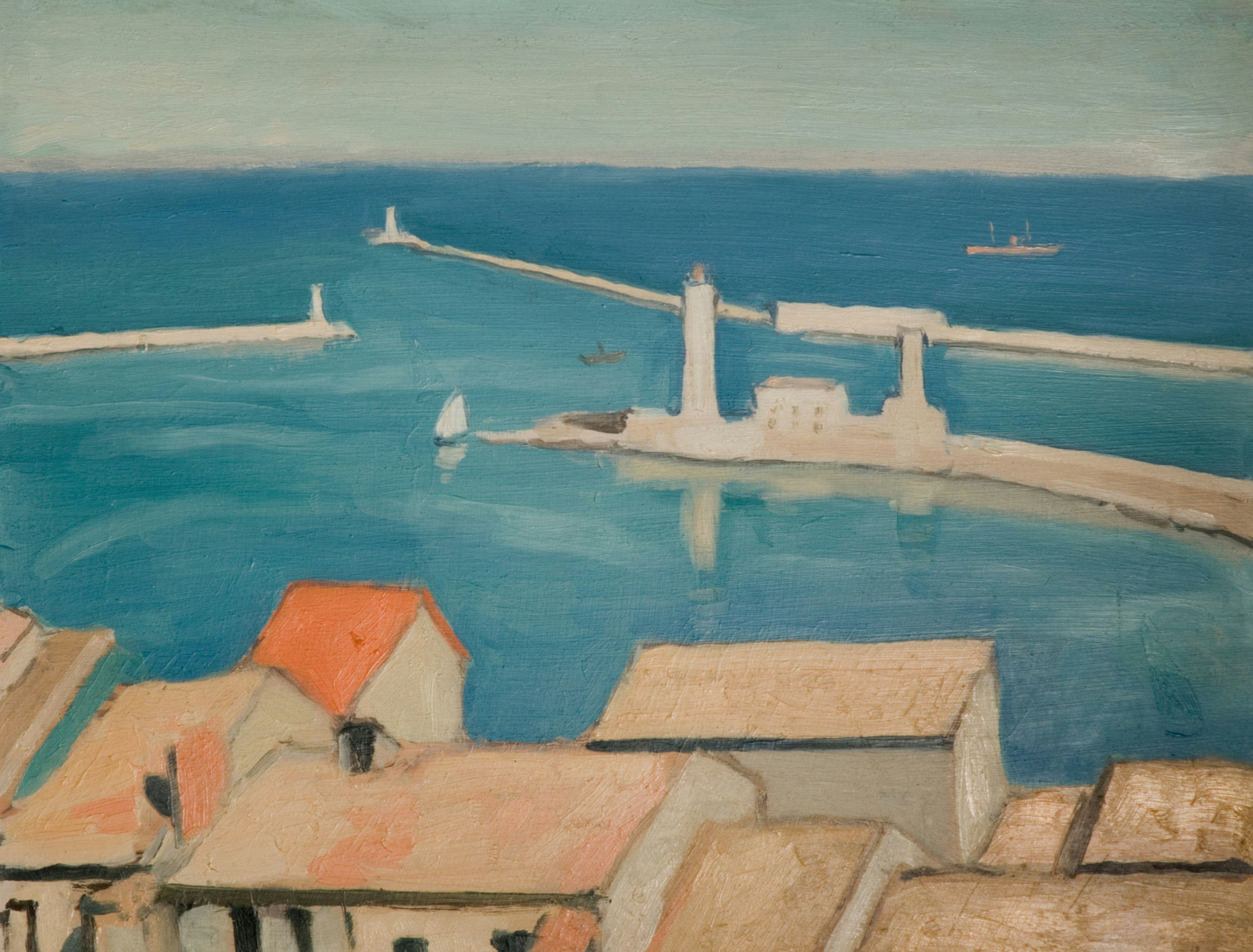 a painting of a city by the water