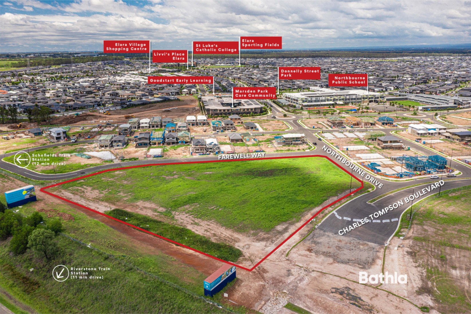 Farewell Way Marsden Park site map showing townhouse development location near schools, parks, and shopping centres in a growing Western Sydney community