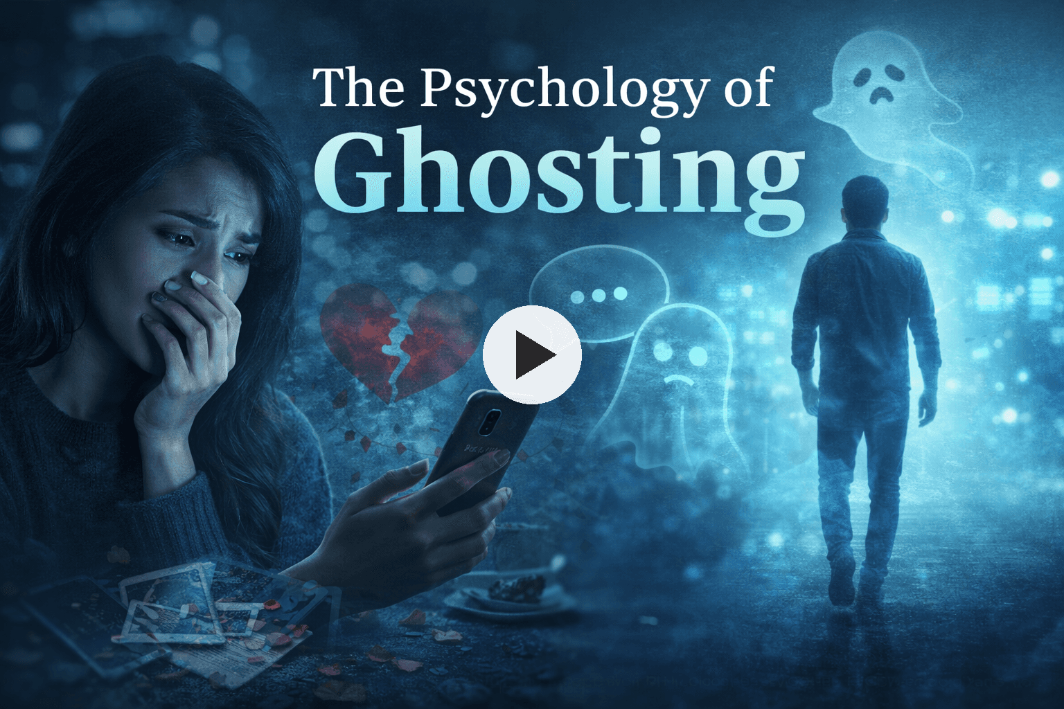 Video thumbnail titled "The Psychology of Ghosting" showing emotional distress, digital messaging icons, and themes of rejection and relationship psychology.