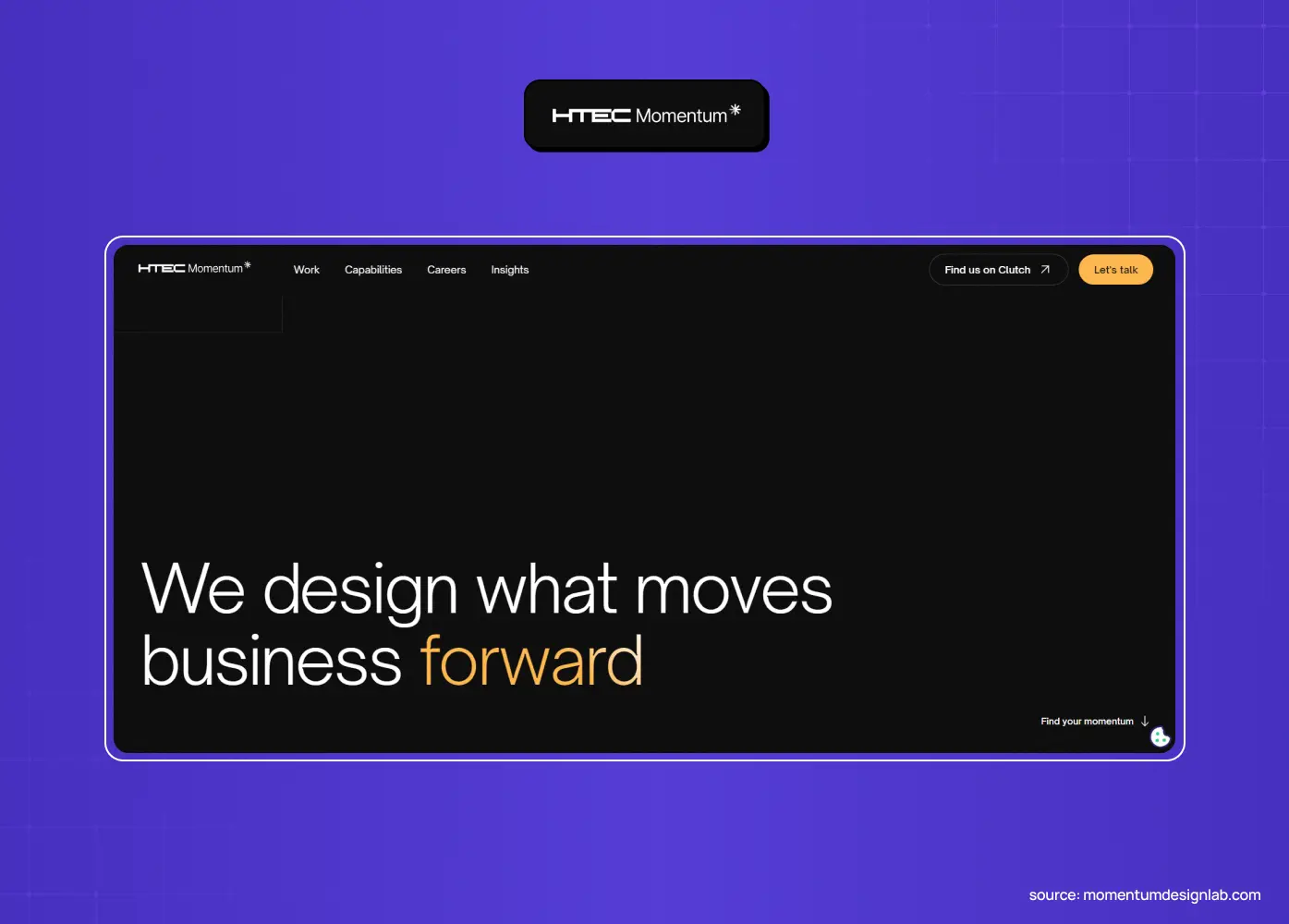 HTEC Momentum website featuring the headline “We design what moves business forward” on a dark minimalist interface.