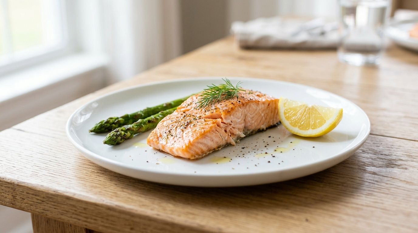 A perfectly cooked salmon fillet served with roasted asparagus and a fresh lemon slice on a white plate.