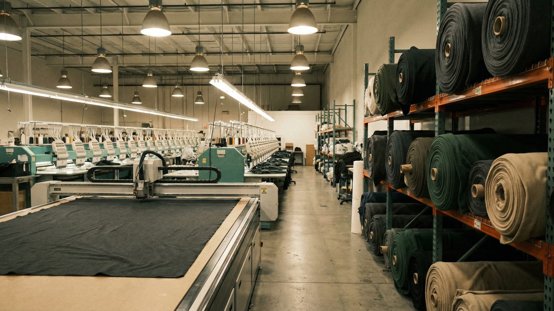 A wide shot of a clean, modern apparel factory floor: rows of industrial embroidery machines stretching into the distance, a high-speed automated cutting table in the foreground with a large sheet of dark charcoal fabric laid out, and massive rolls of heavyweight fleece fabric in charcoal, forest green, and sand stacked on metal shelving along the right wall.