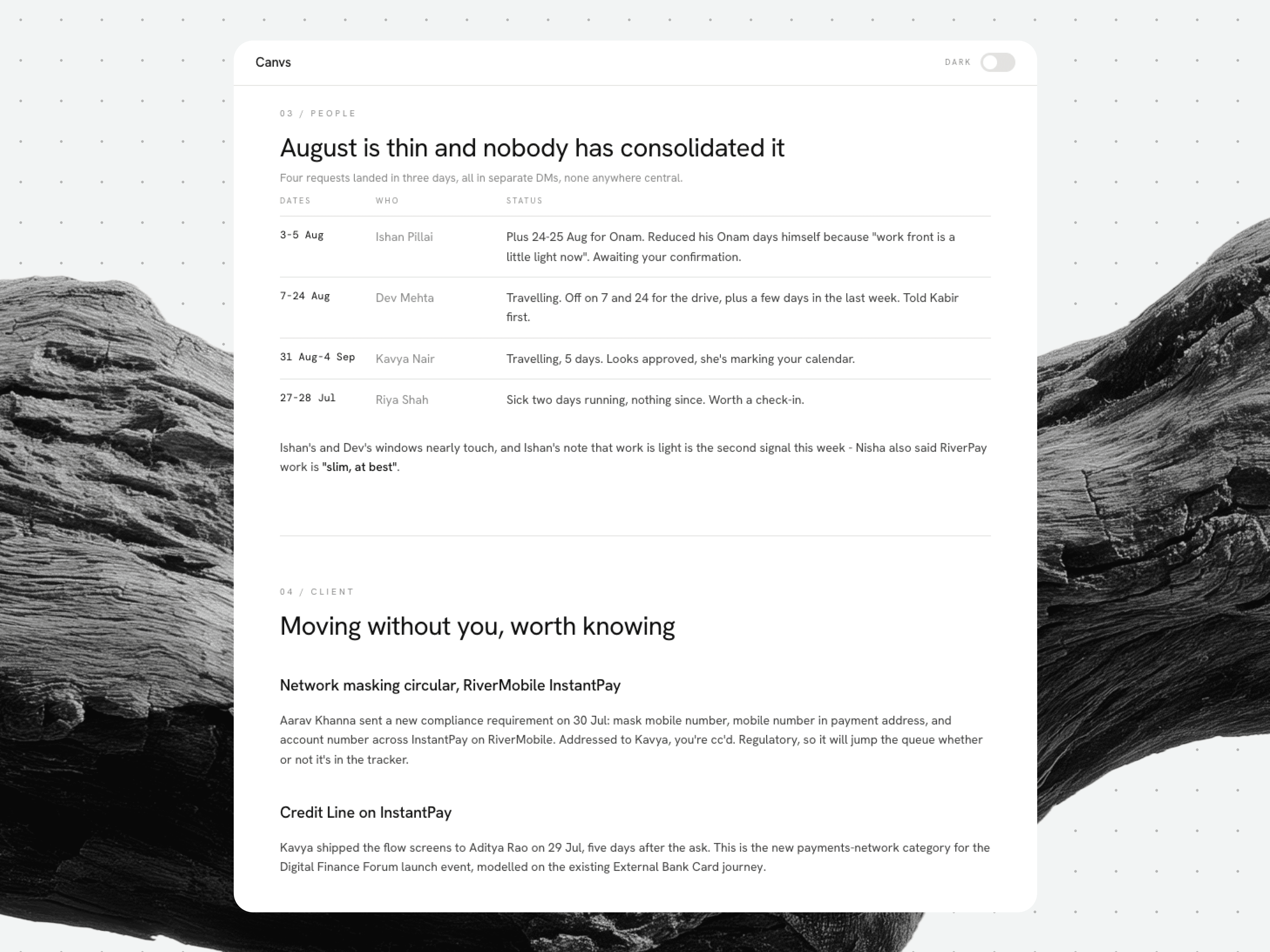 A dated action brief that gathers what would otherwise sit in scattered threads: leaves for the month, client-side changes, and the small items waiting for a call.