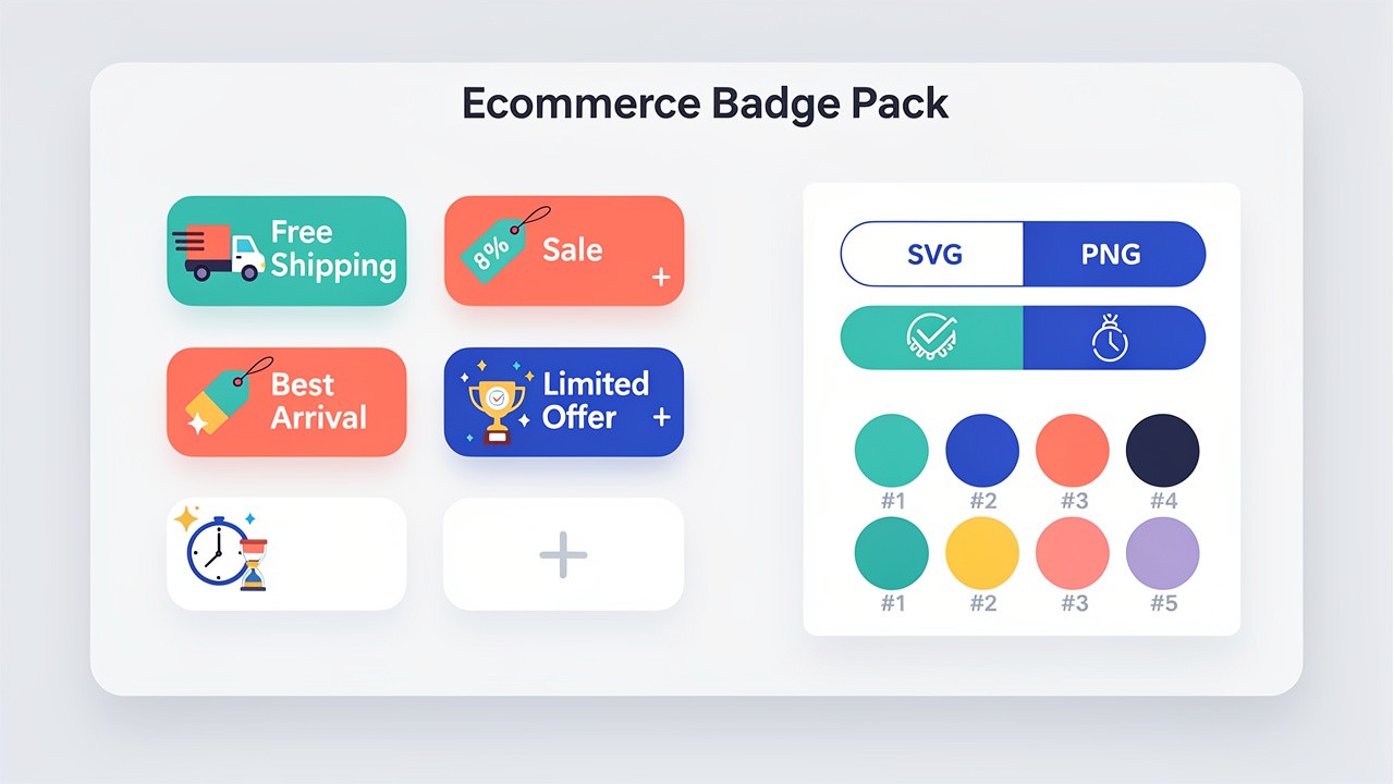 Grid of ecommerce SVG badges like Free Shipping and Sale with an export panel showing SVG and PNG exports.