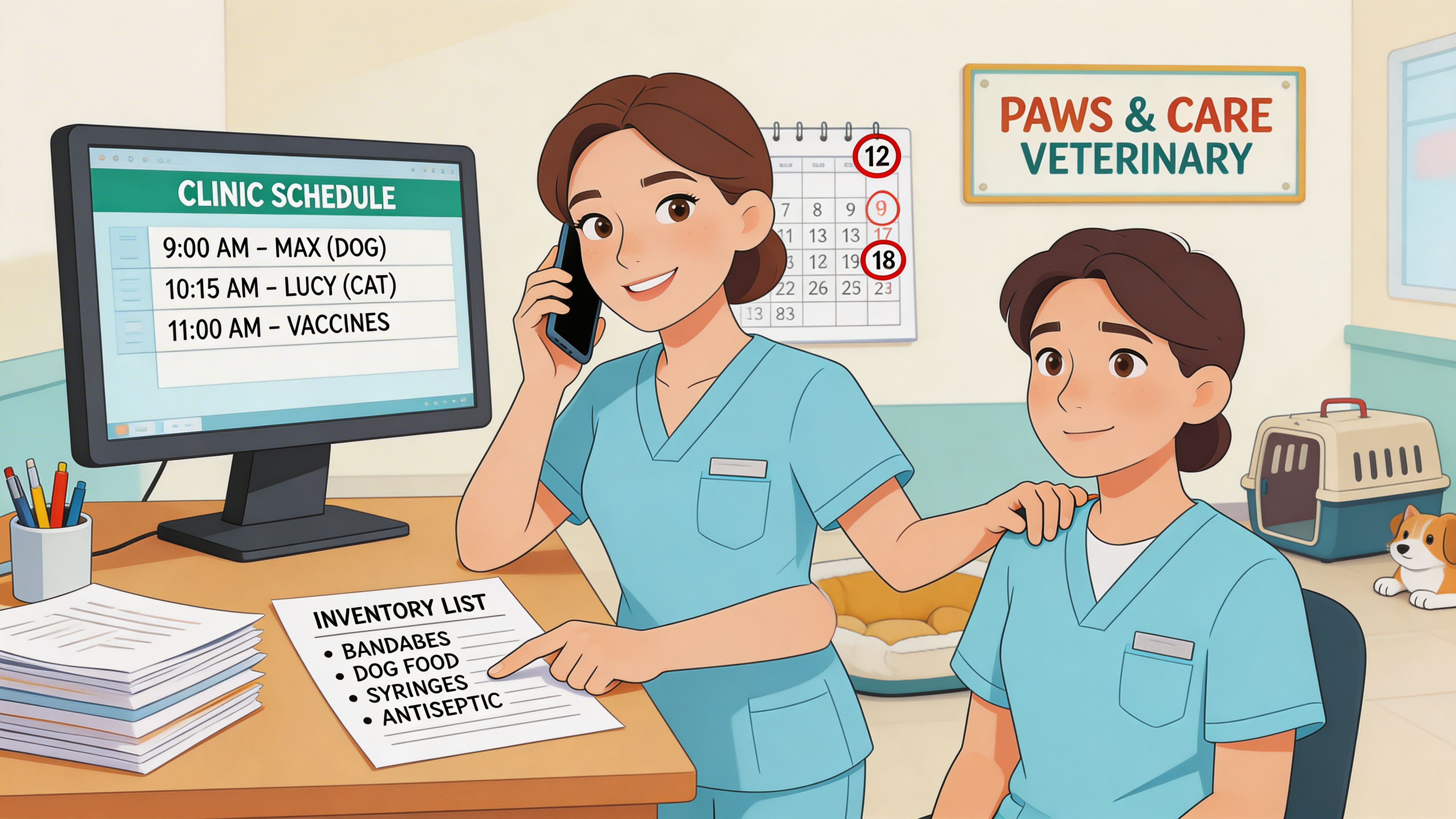A professional veterinary practice manager working with a colleague while checking the clinic schedule and inventory list.