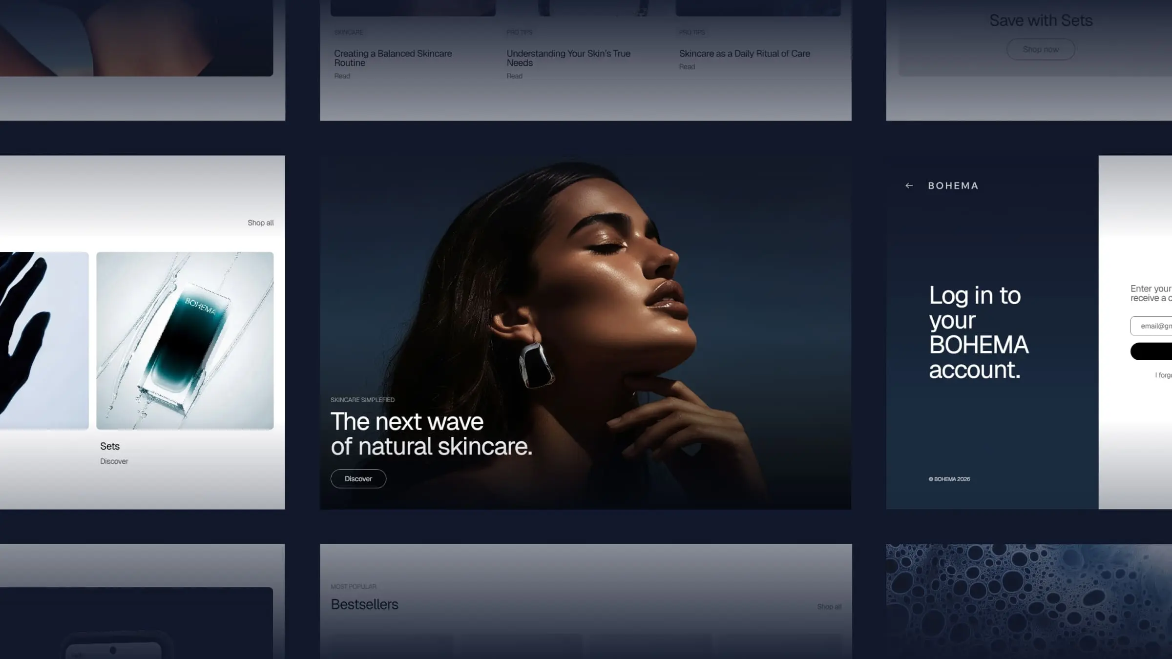 Grid overview of a luxury skincare website design for Bohema, featuring high-end photography, login screens, and minimalist e-commerce layouts