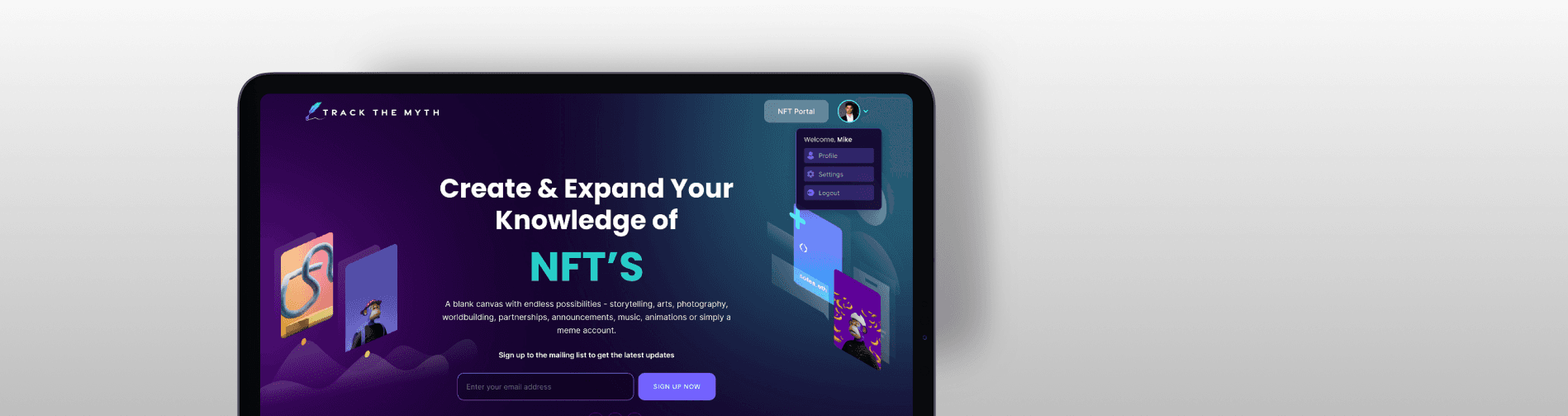 Track The Myth platform interface showcasing NFT profiles and user interactions.