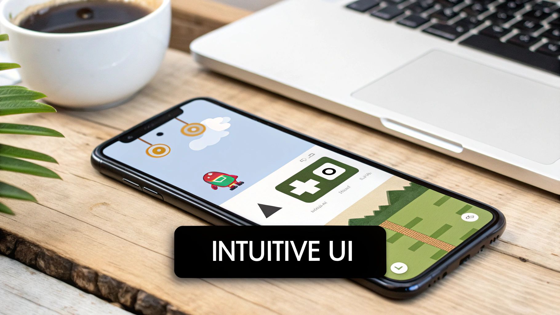 A designer wireframing an engaging mobile game interface on a tablet.