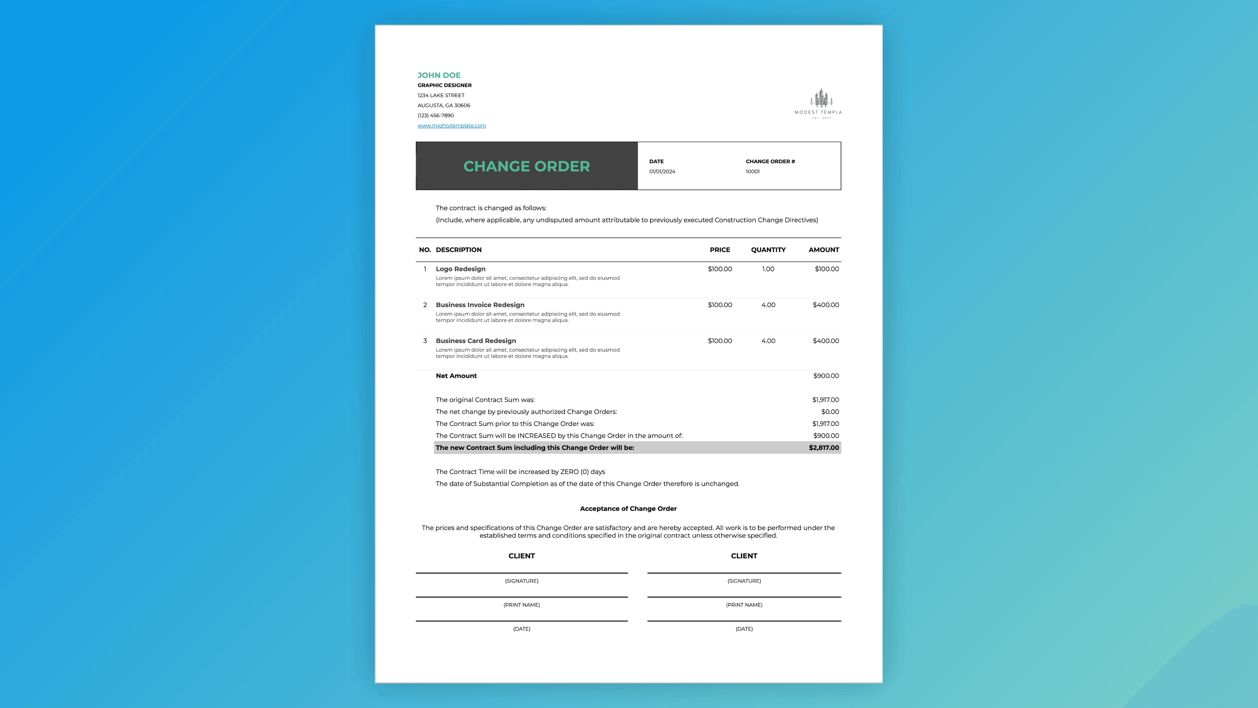Change order template – description of changes, net amount, original contract sum, updated total, acceptance section, signature lines for owner and contractor, and date fields