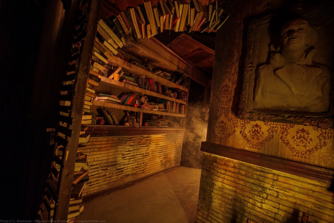 Dim haunted house library set with crooked shelves and a portrait