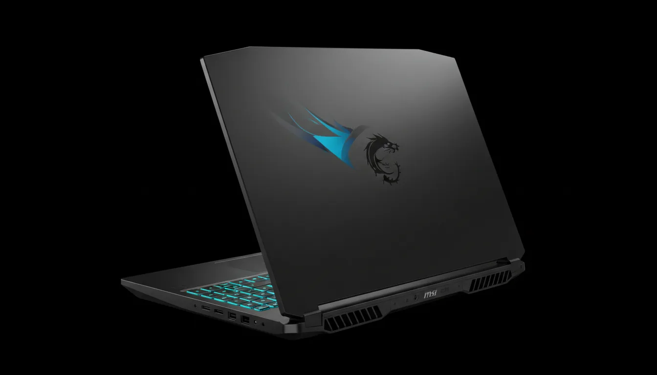 DSLR product photography of a modern MSI gaming laptop, open and angled from a rear three-quarter view. Soft studio lighting highlights the matte charcoal black metal chassis and an embossed black dragon logo on the lid. The keyboard glows with a vibrant cyan backlight, and the angular design with visible cooling vents is clearly defined against a solid black background.