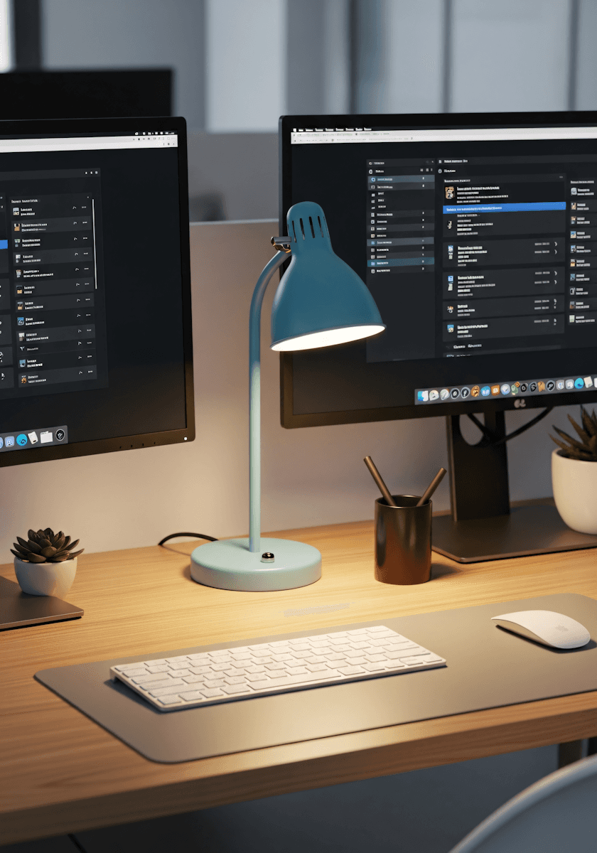 A tidy office desk with two monitors displaying dark-themed applications.