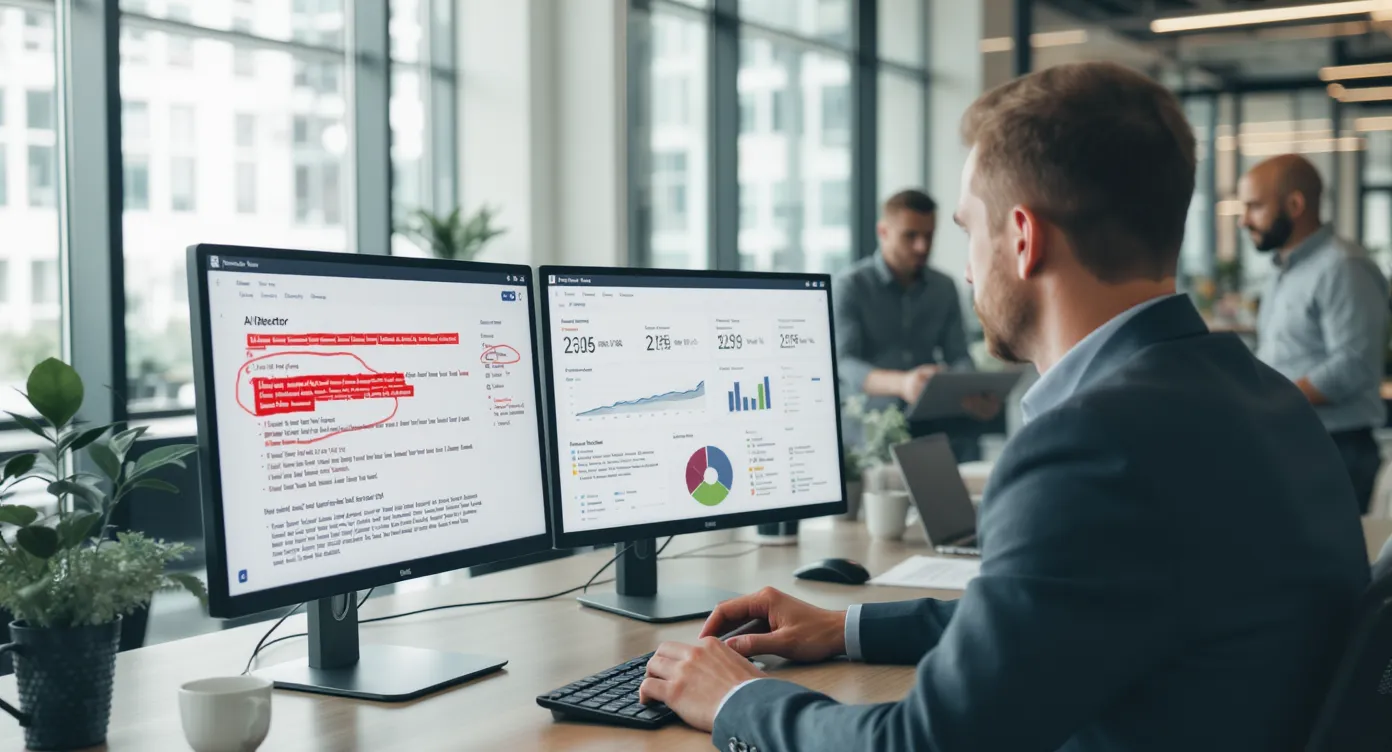 Een kantoormedewerker bekijkt twee schermen: links een AI-detector die een tekst beoordeelt, rechts een CRM-dashboard. De medewerker markeert risico’s in de content terwijl collega’s in de achtergrond overleggen.