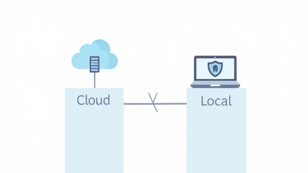 Cloud and local computer systems disconnected showing security and data storage separation