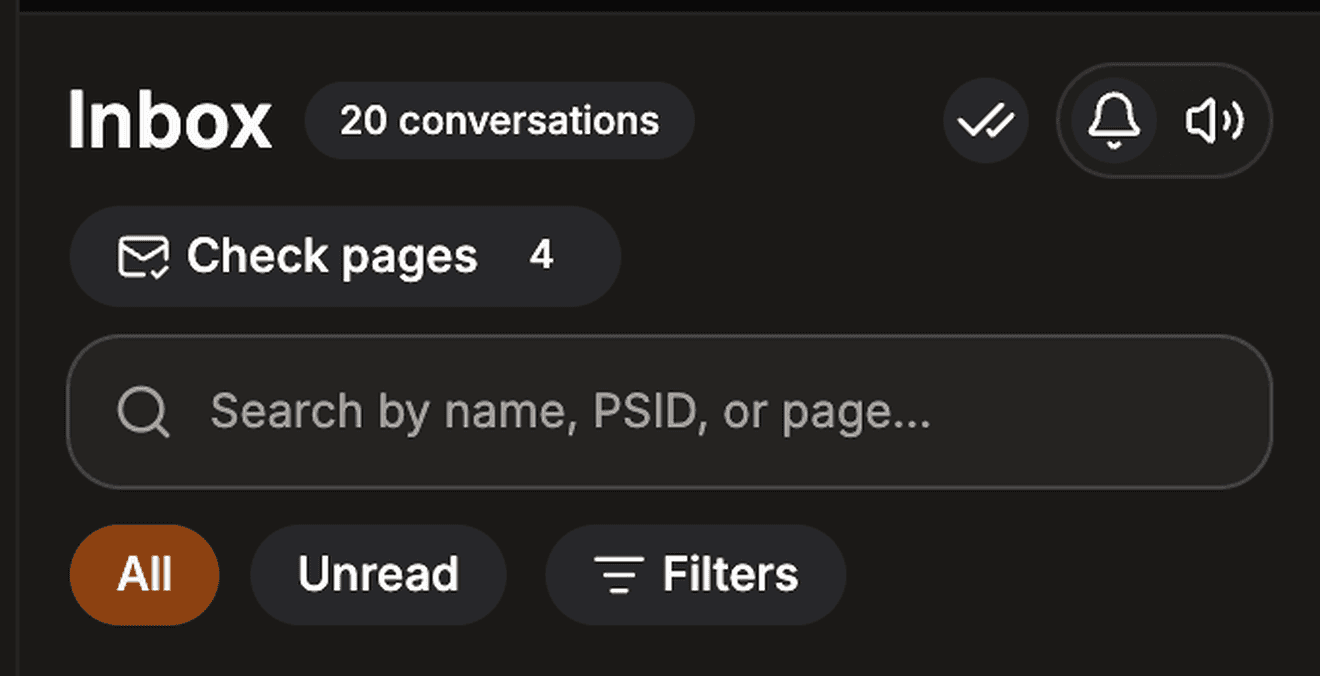 Inbox toolbar showing the Check pages button, the search box reading Search by name, PSID, or page, and the All, Unread and Filters controls.