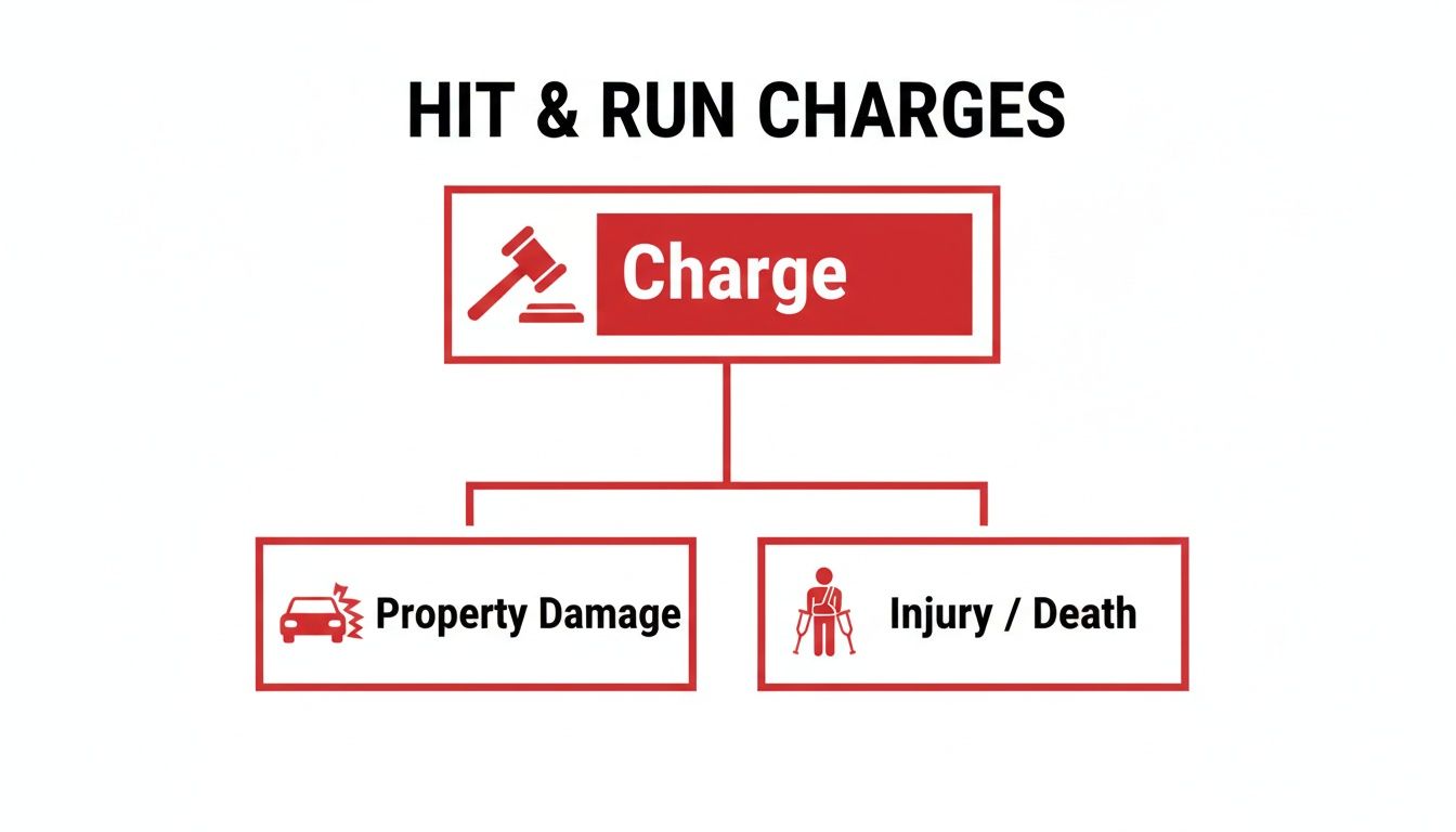 Flowchart detailing hit and run charges, categorized by property damage and injury or death.