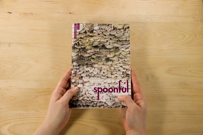 Two hands are holding a book titled “spoonful” on a wooden surface. The book cover displays a pattern of overlapping, textured objects in shades of white, beige, and gray. The title “spoonful” is printed in dark purple or maroon text on the cover. The hands are positioned as if presenting the book.