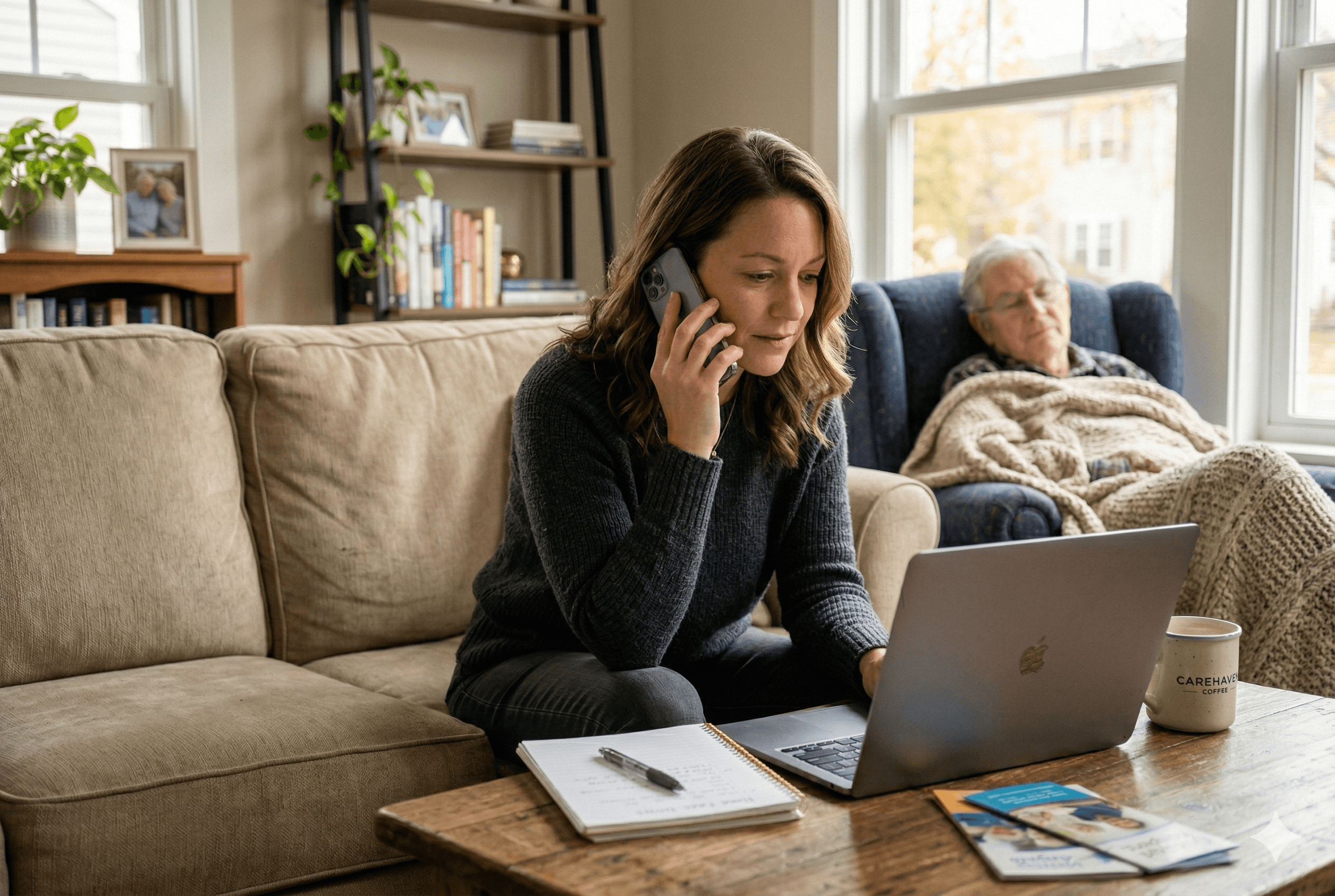 A middle aged woman in her early 50s sitting on a living room sofa, holding a smartphone to her ear while looking at a laptop open to a home care agency website on the coffee table. She looks slightly anxious but relieved, as if finally reaching out for help. In the blurred background, her elderly mother rests on a recliner with a blanket. Soft warm lighting, calm and reassuring mood. Shot on Fujifilm X-T4, aspect ratio 3:2.