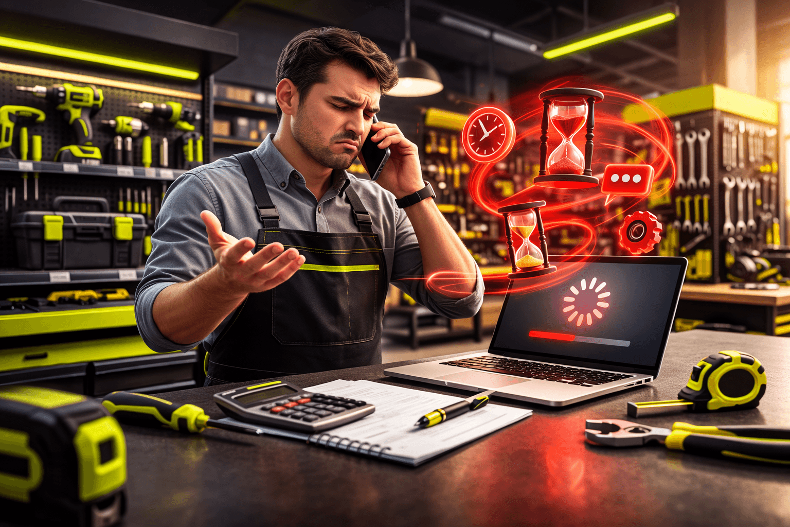 Vendedor de loja de ferramentas fazendo orçamento por telefone com expressão de frustração, enquanto o computador apresenta lentidão no sistema, representando demora no atendimento e ineficiência no processo de vendas em distribuidora de ferramentas.