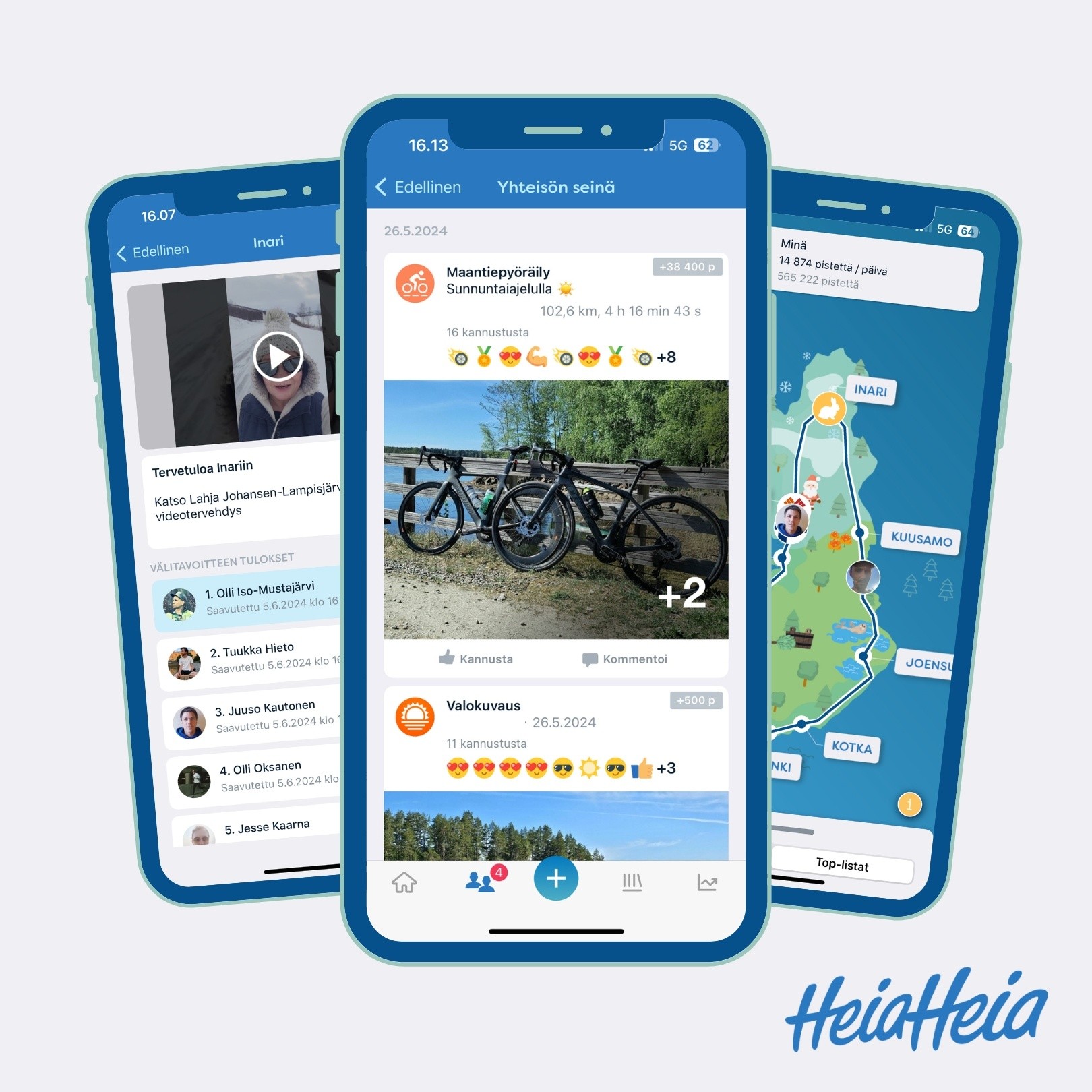 Milestone results, community wall post and challenge map in the HeiaHeia app