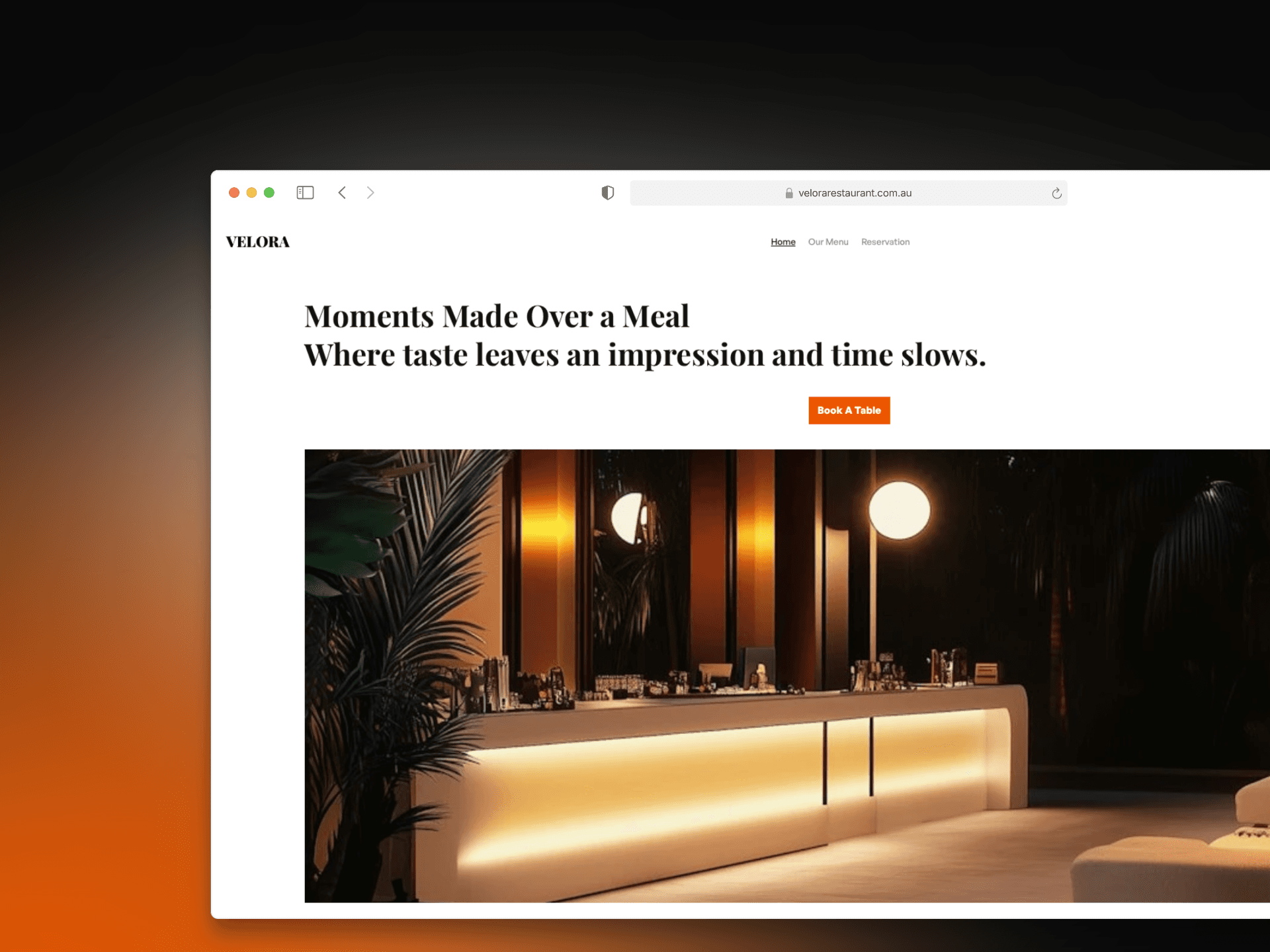 Two side-by-side laptop screens: one displaying the interior design of the restaurant, the other showing a colourful, grid-style food menu layout.