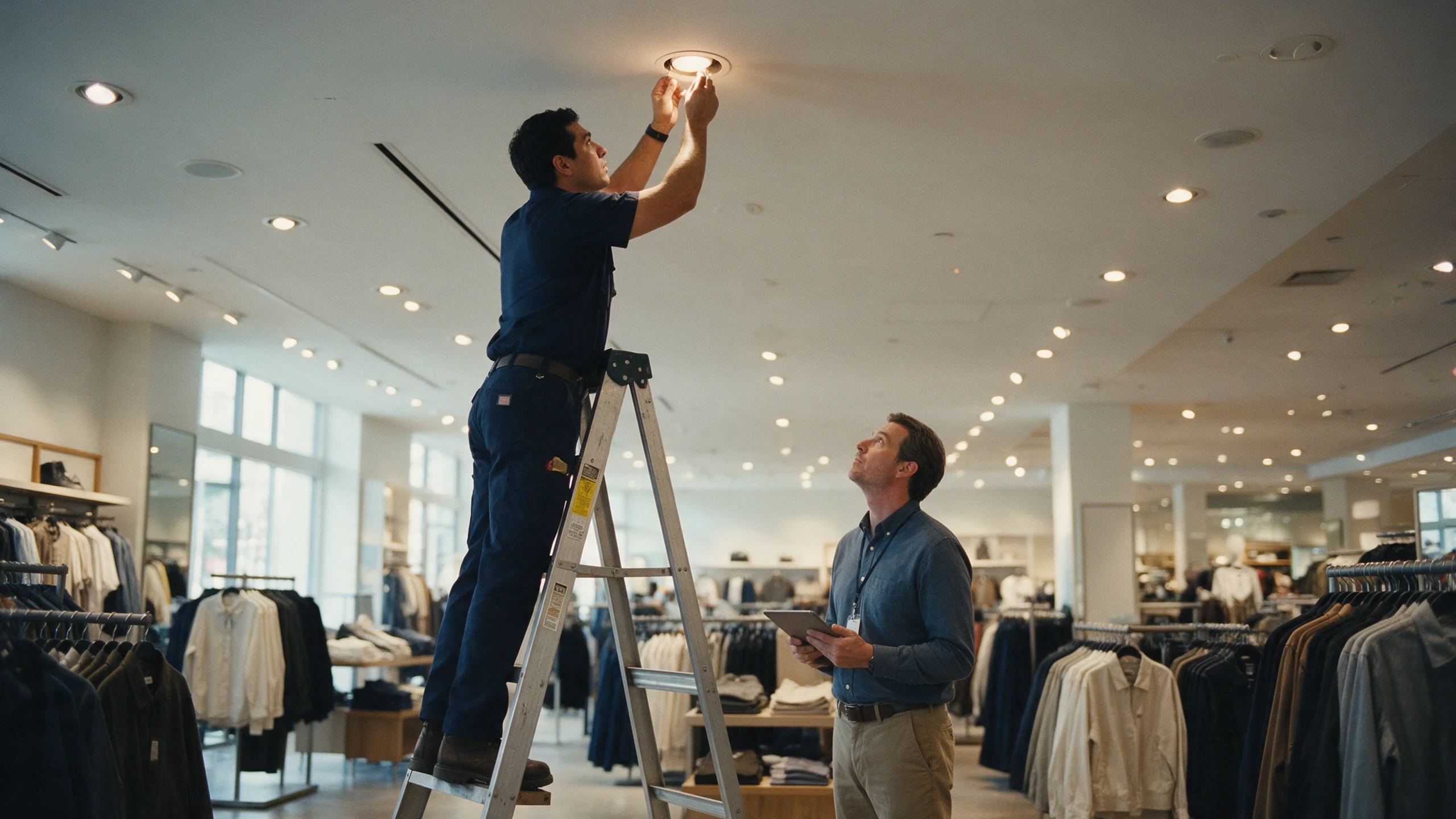 Maintenance technician on a ladder servicing a ceiling downlight while a store manager looks on with a tablet