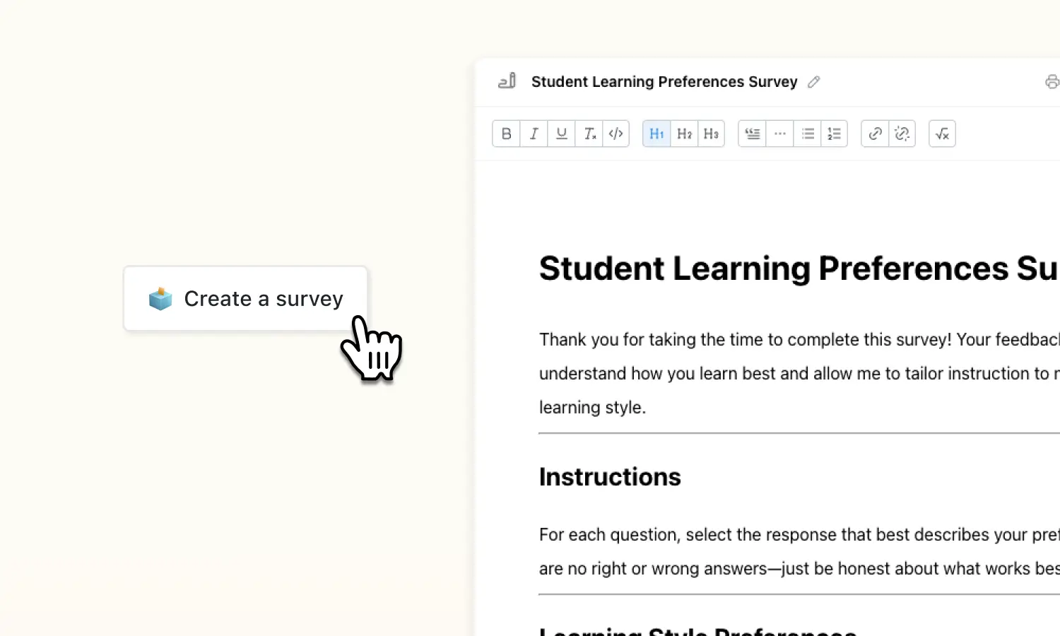 Image of survey creator tool in use, with document created 