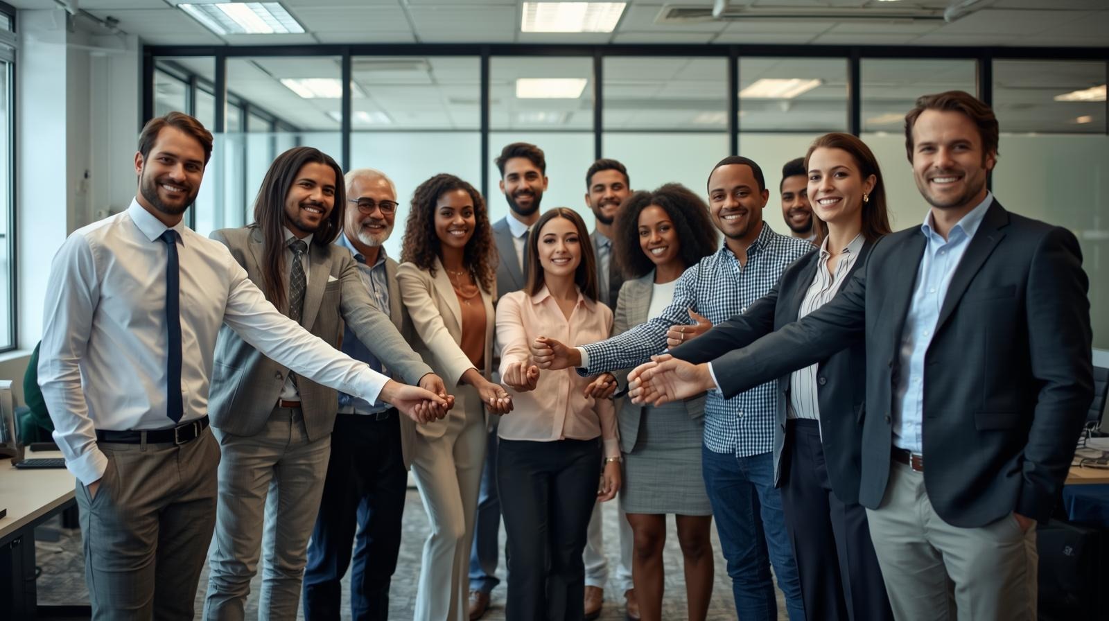 Grupo diverso de profissionais em ambiente corporativo, simbolizando diversidade, inclusão, relações de trabalho e cultura organizacional no pilar social do ESG.