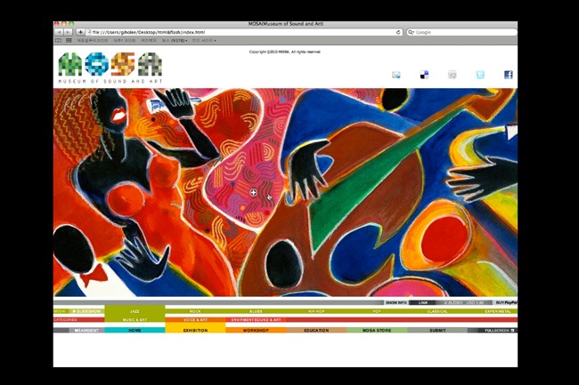 A screenshot displays the Museum of Sound and Art (MOSA) website. The webpage features a colorful abstract painting with swirling patterns in red, orange, blue, and green. A white navigation bar includes links for Home, Exhibition, Workshop, Education, Museum Store, and Submit. The browser’s address bar shows “http://moses.museumofsound.edu/index.html” and a Google search bar. The MOSA logo is visible in the top left corner.