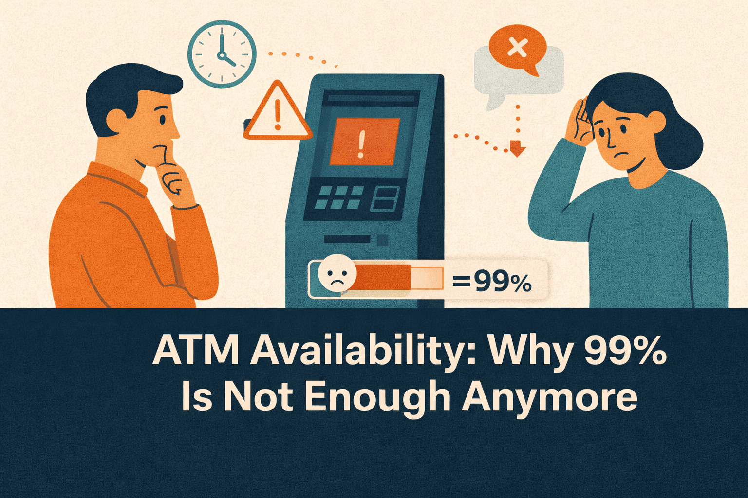 Flat-style digital illustration showing an ATM with a warning symbol and a 99% availability indicator, while a man and a woman on either side appear concerned about the machine’s reliability. Icons such as a clock, alert triangle, and speech bubble emphasize downtime and user frustration. The background is light beige with warm orange and cool blue tones, and a navy-blue bar at the bottom displays the blog title in bold white text: ‘ATM Availability: Why 99% Is Not Enough Anymore’.