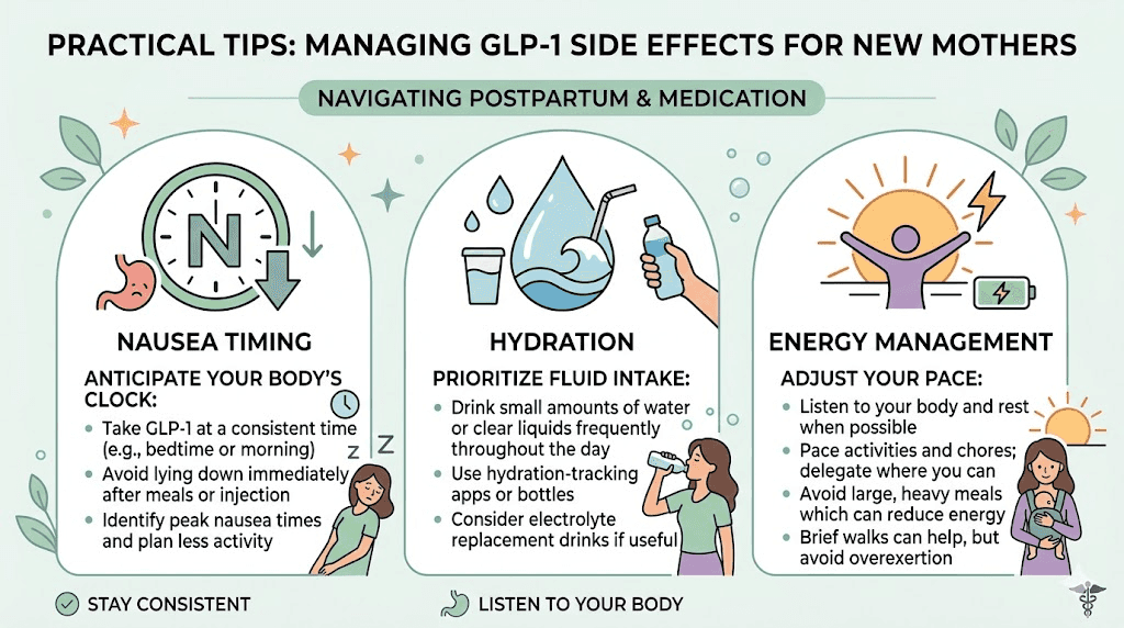 GLP-1 side effect management tips for postpartum women including nausea timing hydration and energy strategies