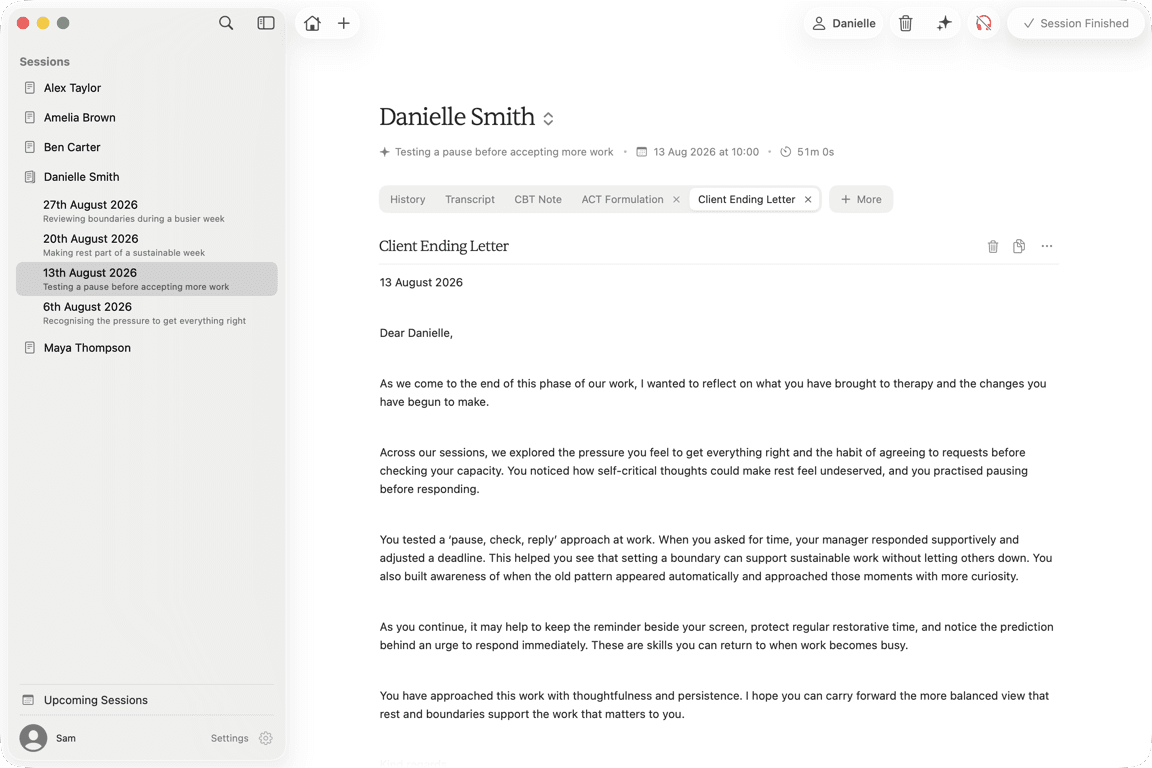 A Client Ending Letter open in AirNote for review and editing.