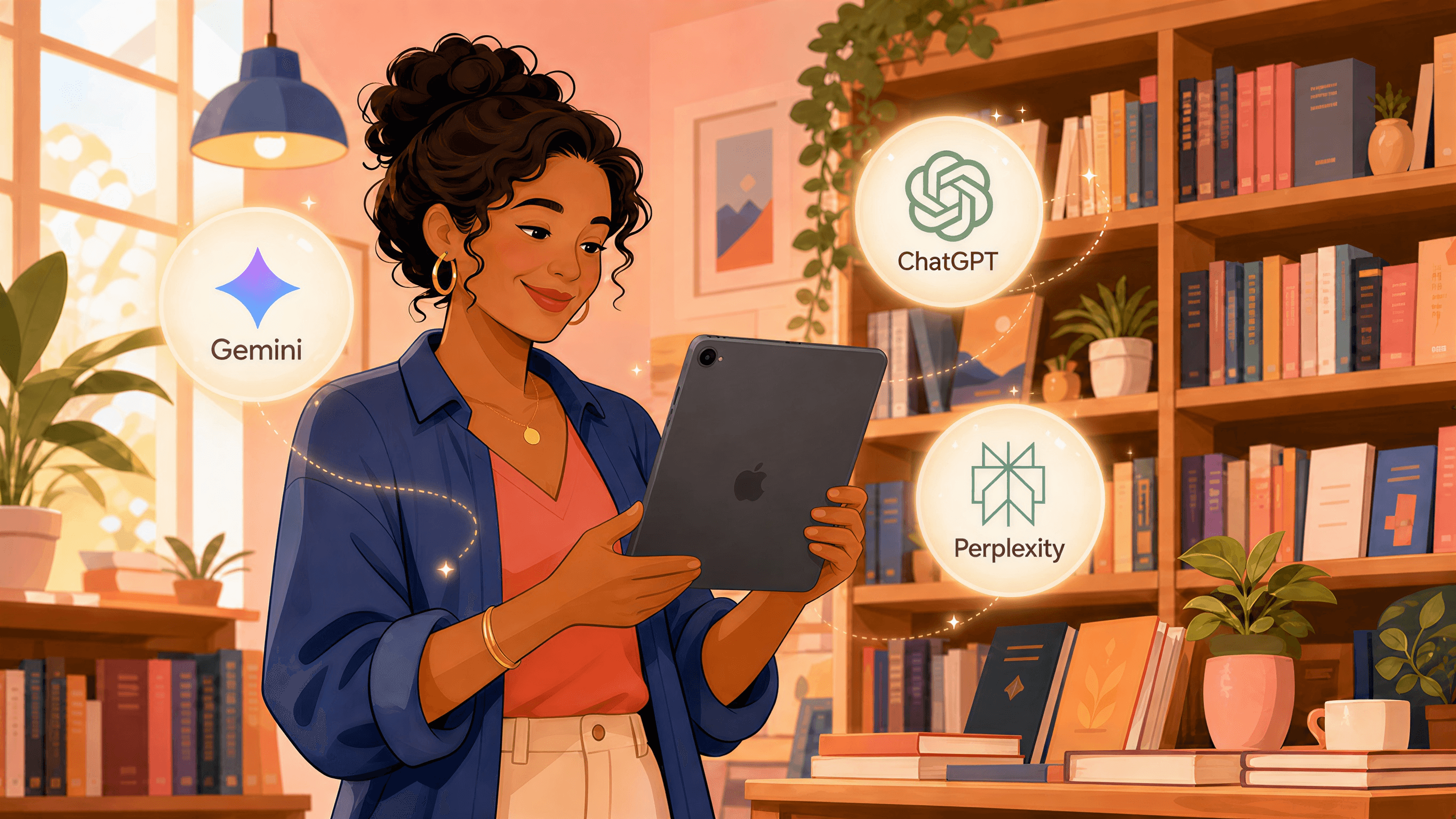A smiling, diverse female small business owner in a cartoon style in a cozy bookstore, looking at a tablet with a dark grey back. Stylized logos of Gemini, ChatGPT, and Perplexity float around her. The scene is warmly lit, featuring stylized wooden bookshelves and a window in the background.
