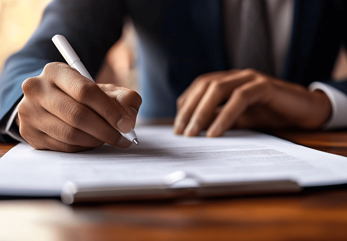 A close-up of a person in a suit writing with a white pen on a document. The scene conveys professionalism and focus, with a blurred background.